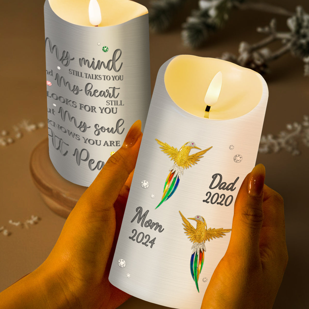 My Mind Still Talks To You And My Heart Looks For You But My Soul Knows You Are At Peace Hummingbird Design - Personalized Custom LED Candle - HME133_LECA