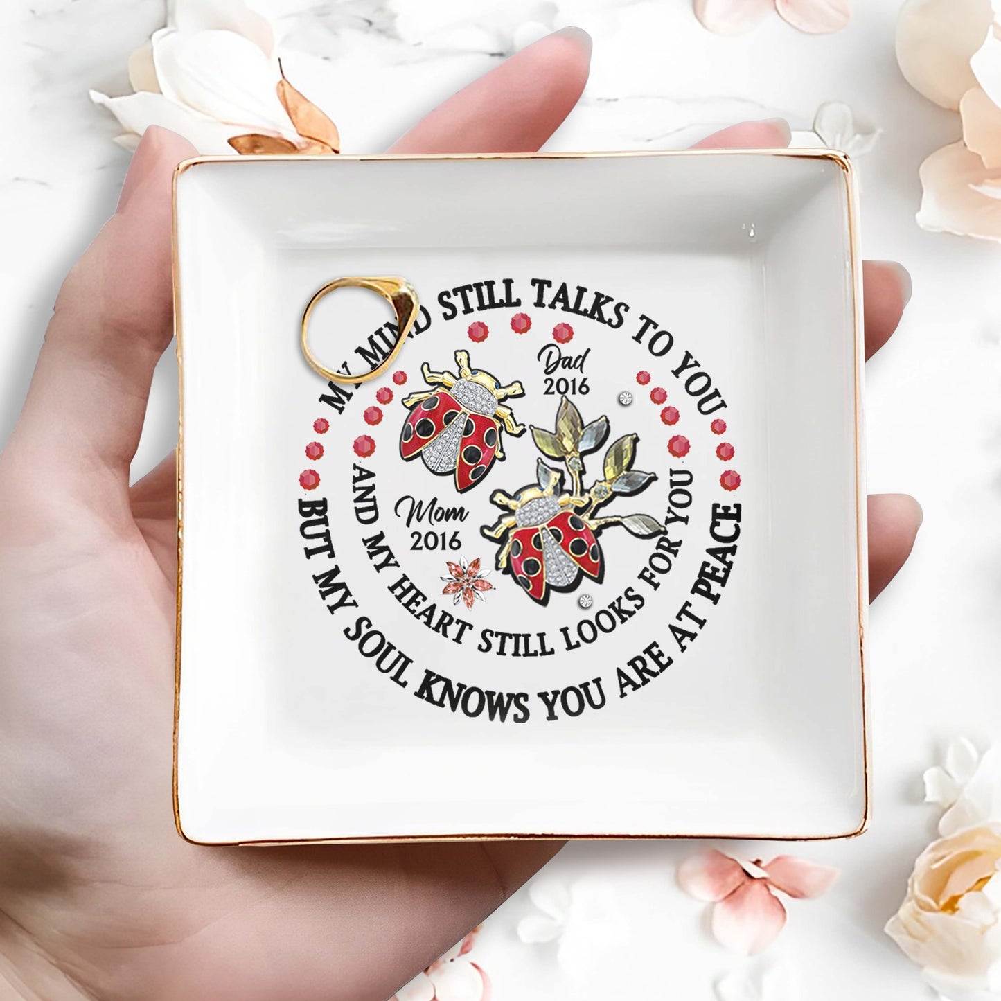 Memorial Jewelry Dish With Ladybugs And Flowers