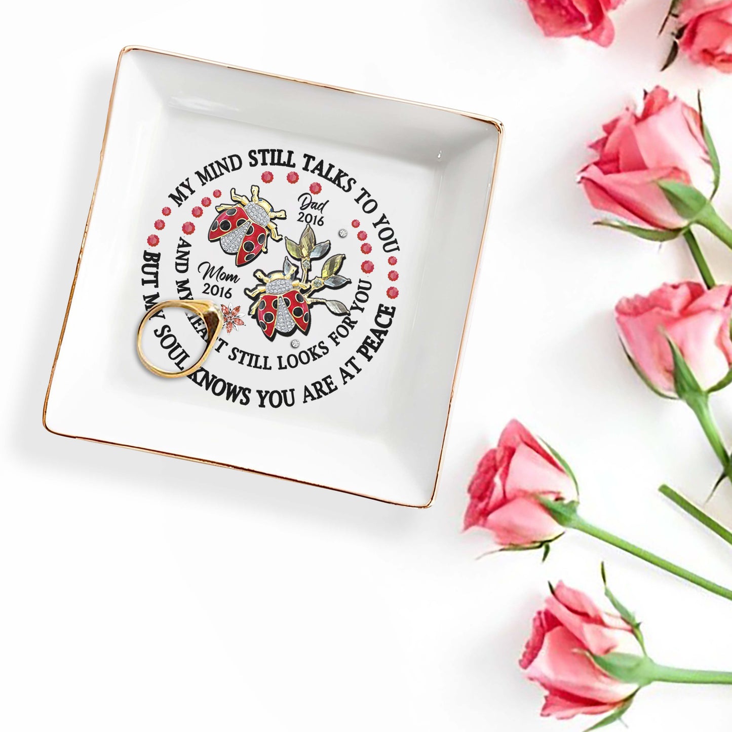 Memorial Jewelry Dish With Ladybugs And Flowers