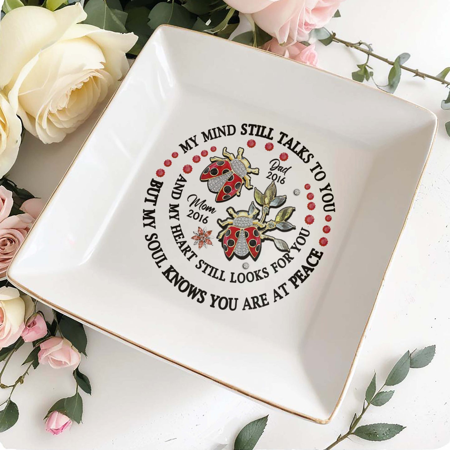 Memorial Jewelry Dish With Ladybugs And Flowers