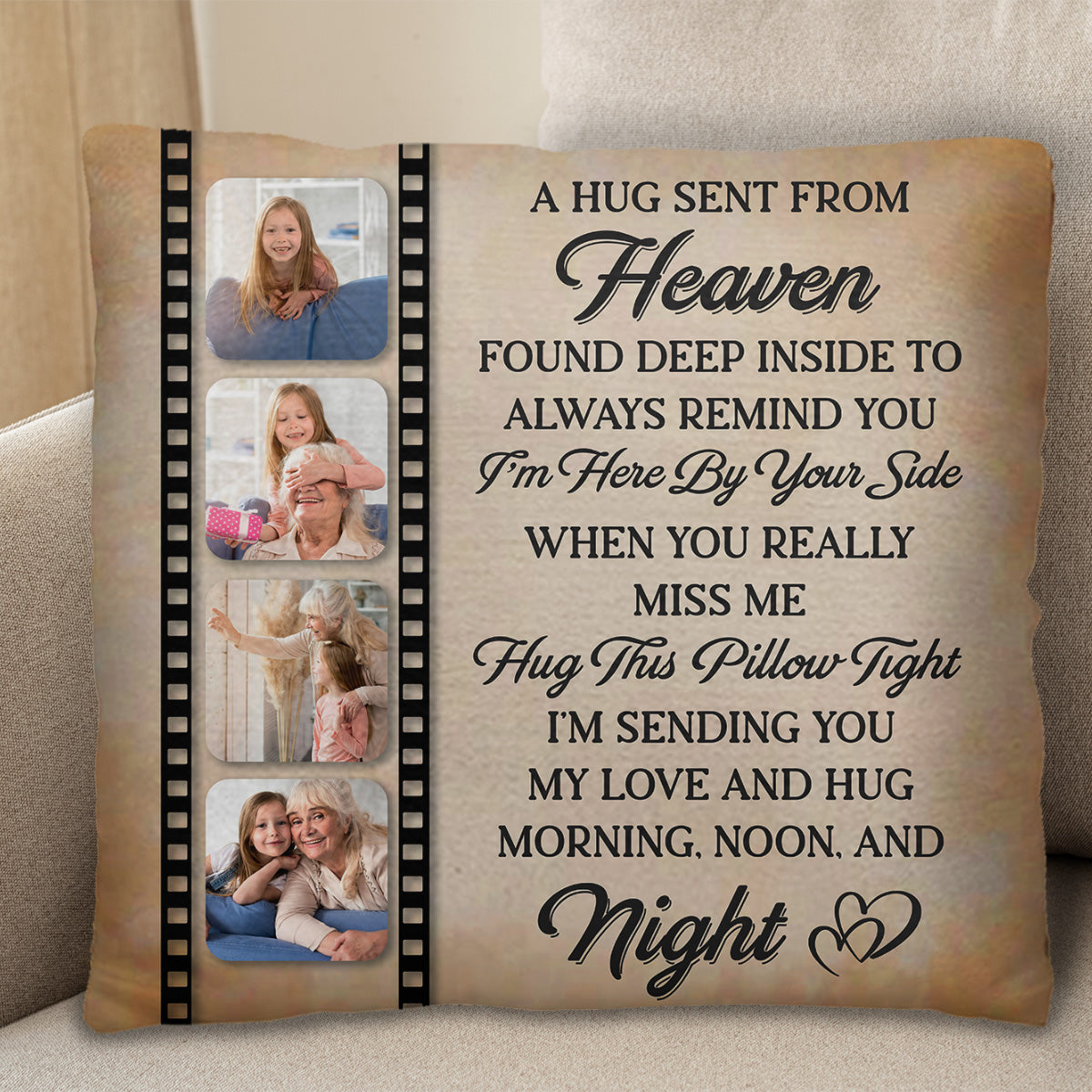 Heavenly Hug Sentimental Pillow With Film Strip Design - Personalized Custom Pillow, Insert Included - HME147_PLW