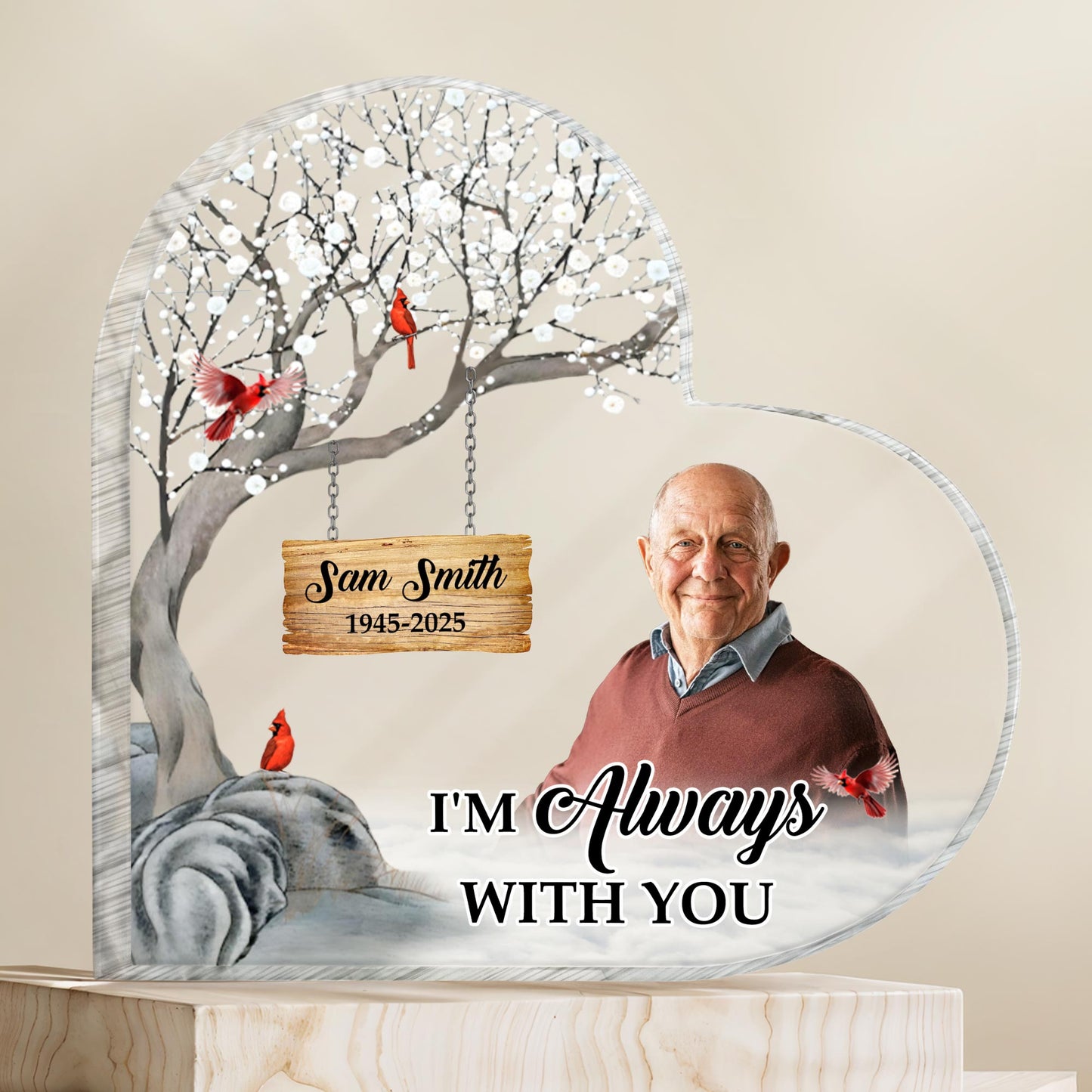 I'm Always With You, Memorial Tree And Birds Plaque - Personalized Heart Shaped Acrylic Plaque - HME167_HAP