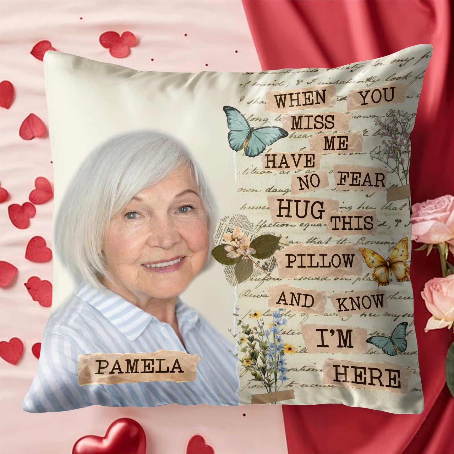 Quand je te manque, n'aie pas peur, serre cet oreiller dans tes bras, Papillons et fleurs - Oreiller personnalisé, insert inclus - HME169_PLW