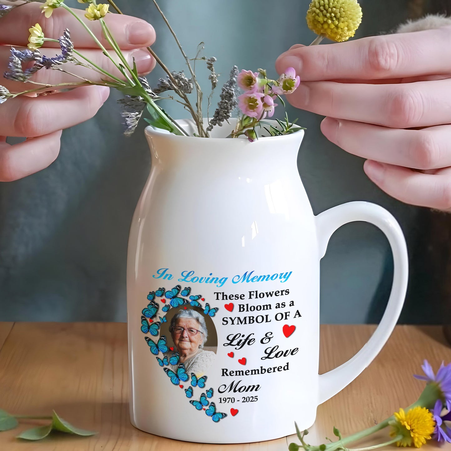 In Loving Memory These Flowers Bloom As A Symbol Of A Life & Love Remembered, Butterflies And Heart-Shaped Photo Frame