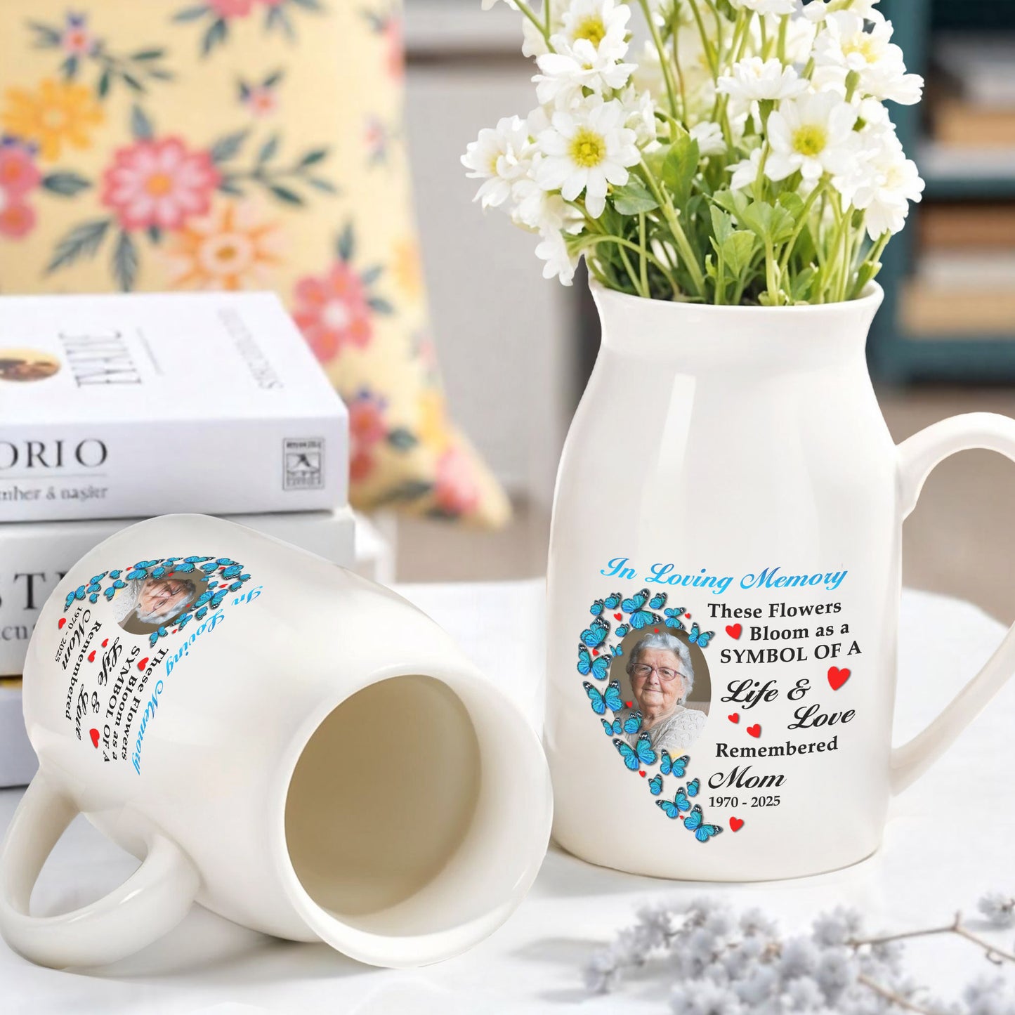 In Loving Memory These Flowers Bloom As A Symbol Of A Life & Love Remembered, Butterflies And Heart-Shaped Photo Frame