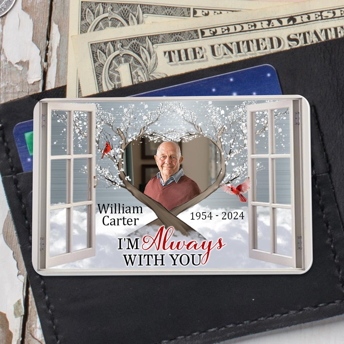 I'm Always With You, Window Frame With Cardinal Bird - Personalized Aluminum Wallet Card - HME204_ALCA