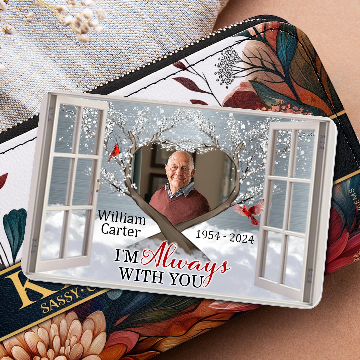 I'm Always With You, Window Frame With Cardinal Bird - Personalized Aluminum Wallet Card - HME204_ALCA
