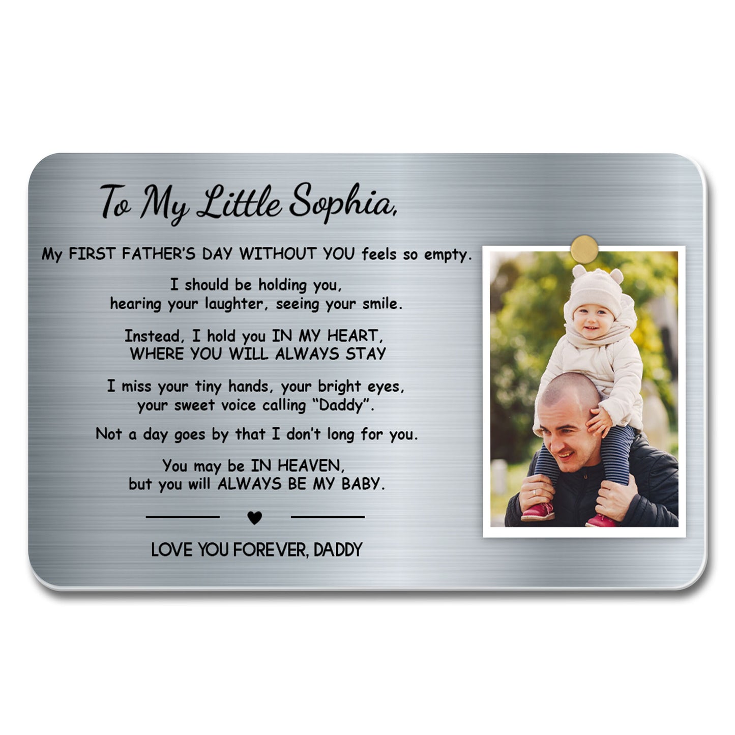 À ma petite Sophia, ma première fête des Mères sans toi, photo et symbole cœur - Carte portefeuille personnalisée en aluminium - HME206_ALCA