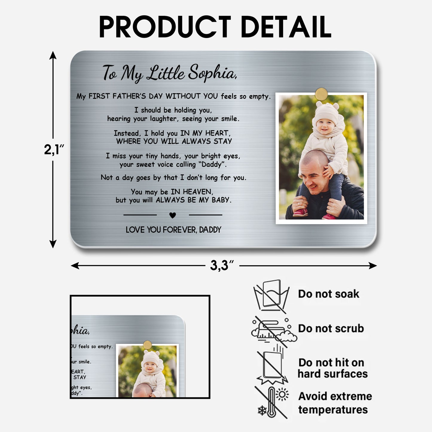 À ma petite Sophia, ma première fête des Mères sans toi, photo et symbole cœur - Carte portefeuille personnalisée en aluminium - HME206_ALCA
