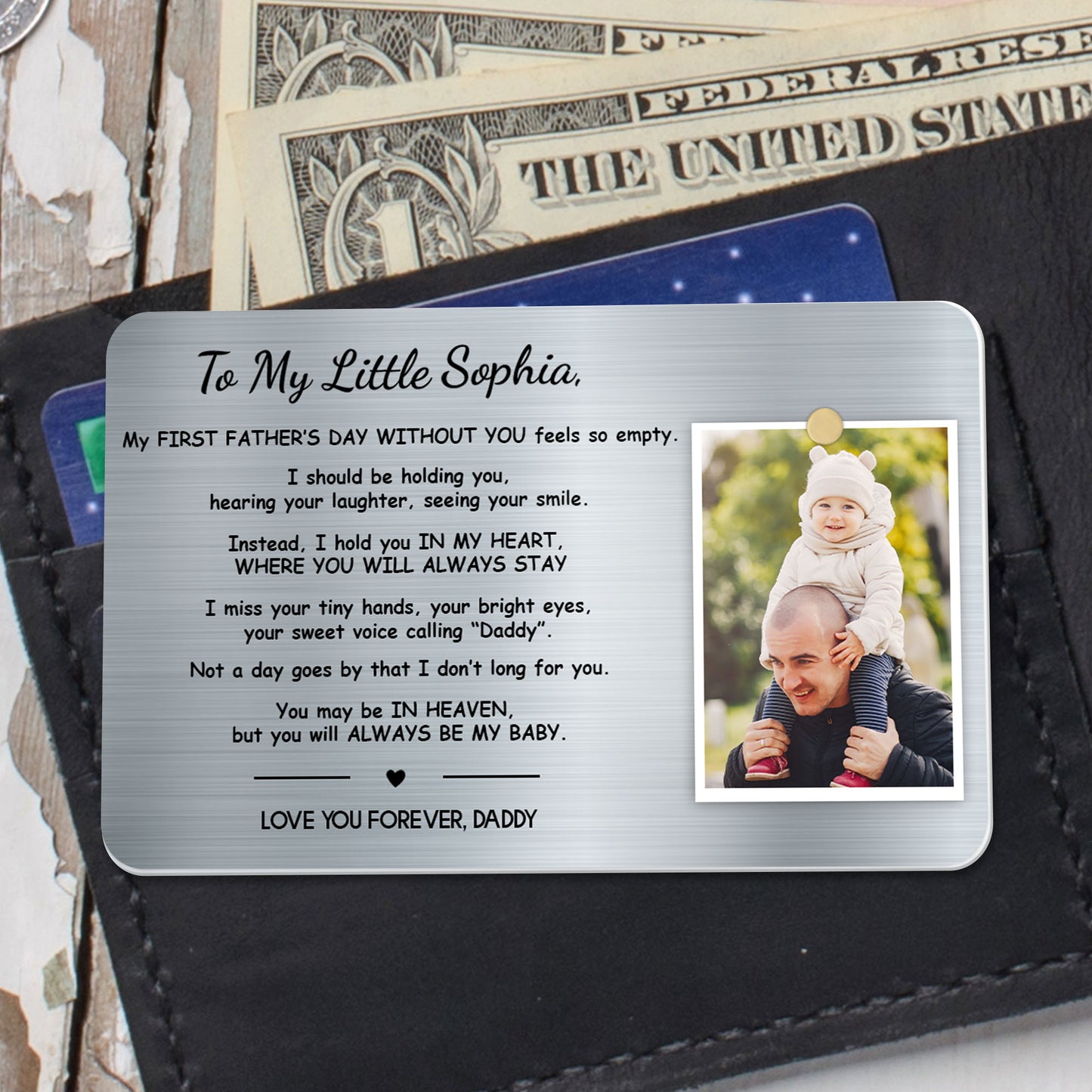 À ma petite Sophia, ma première fête des Mères sans toi, photo et symbole cœur - Carte portefeuille personnalisée en aluminium - HME206_ALCA