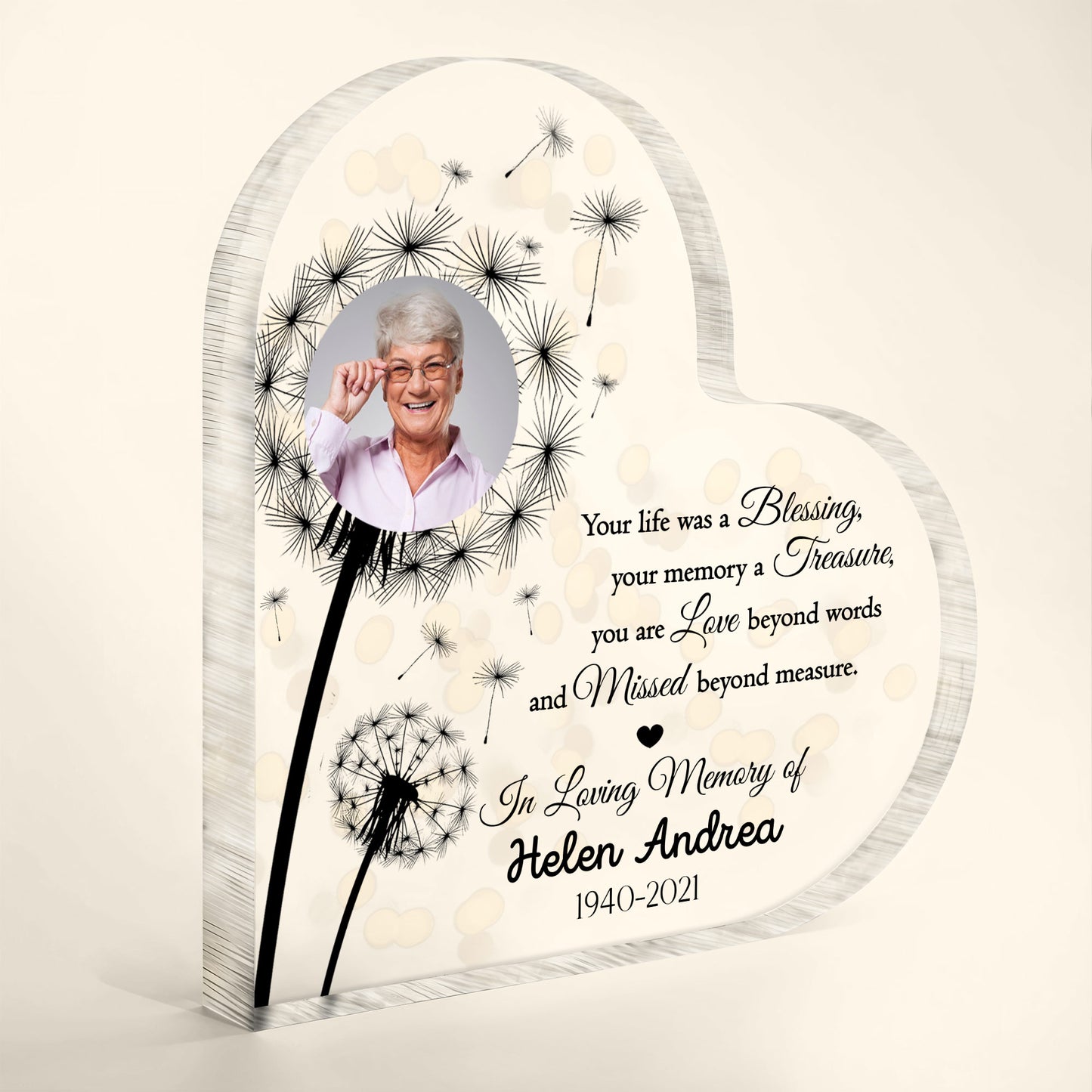 Your Life Was A Blessing, Dandelions And Heart - Personalized Heart Shaped Acrylic Plaque - HME206_HAP