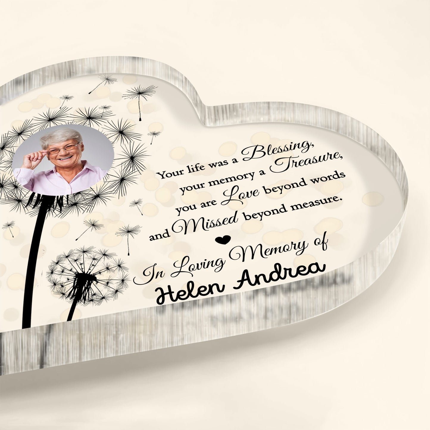 Your Life Was A Blessing, Dandelions And Heart - Personalized Heart Shaped Acrylic Plaque - HME206_HAP