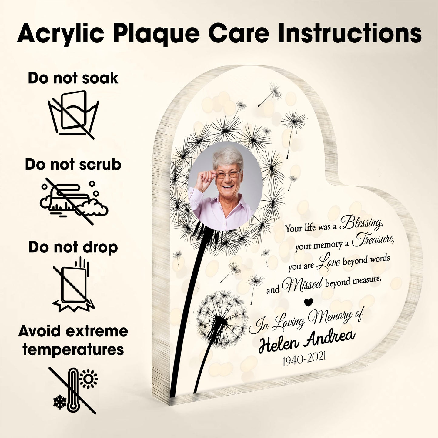 Your Life Was A Blessing, Dandelions And Heart - Personalized Heart Shaped Acrylic Plaque - HME206_HAP