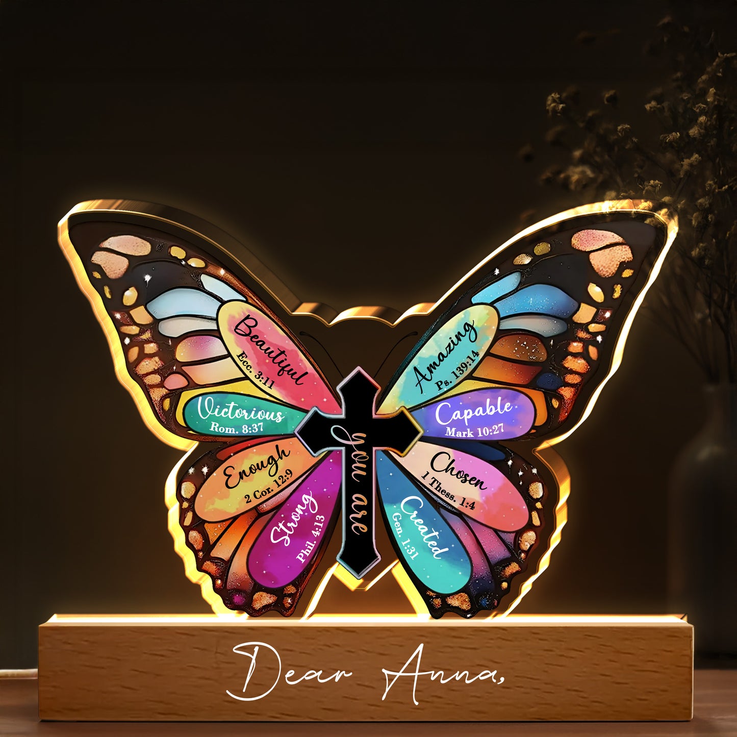 Beautiful, Victorious, Enough, Strong, Amazing, Capable, Chosen, Created, Butterfly and Cross - Personalized LED Night Light With Wooden Base - FTH057_LEWO