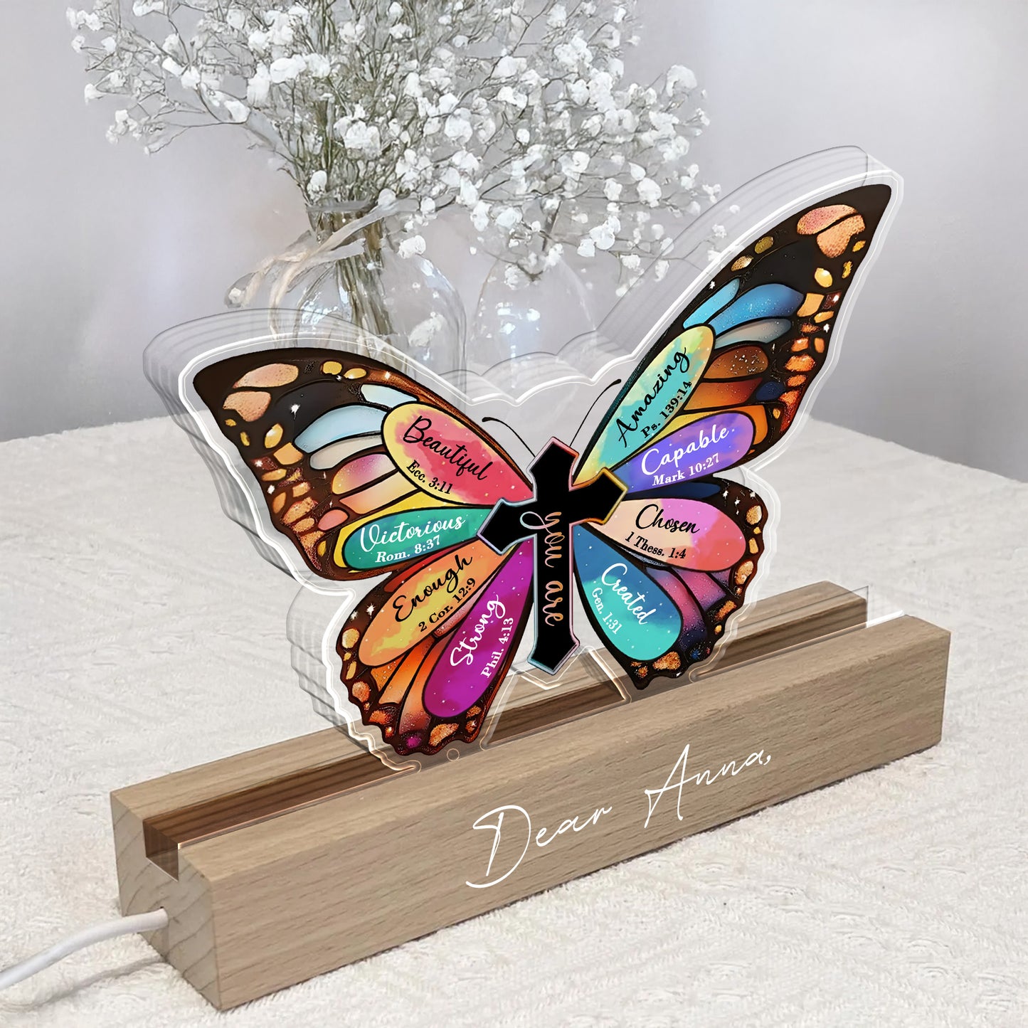 Beautiful, Victorious, Enough, Strong, Amazing, Capable, Chosen, Created, Butterfly and Cross - Personalized LED Night Light With Wooden Base - FTH057_LEWO