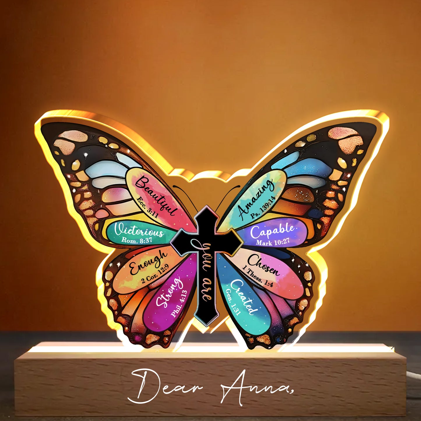 Beautiful, Victorious, Enough, Strong, Amazing, Capable, Chosen, Created, Butterfly and Cross - Personalized LED Night Light With Wooden Base - FTH057_LEWO