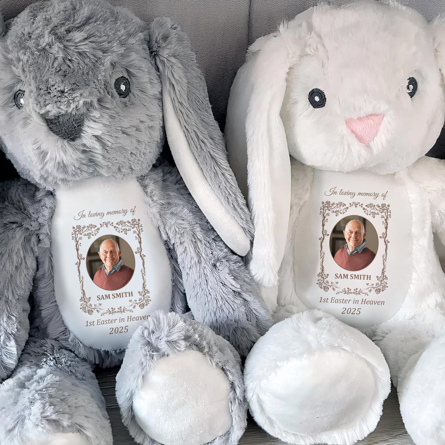 In Loving Memory Of Sam Smith, 1st Easter In Heaven 2025, Stuffed Bunny And Memorial Plaque