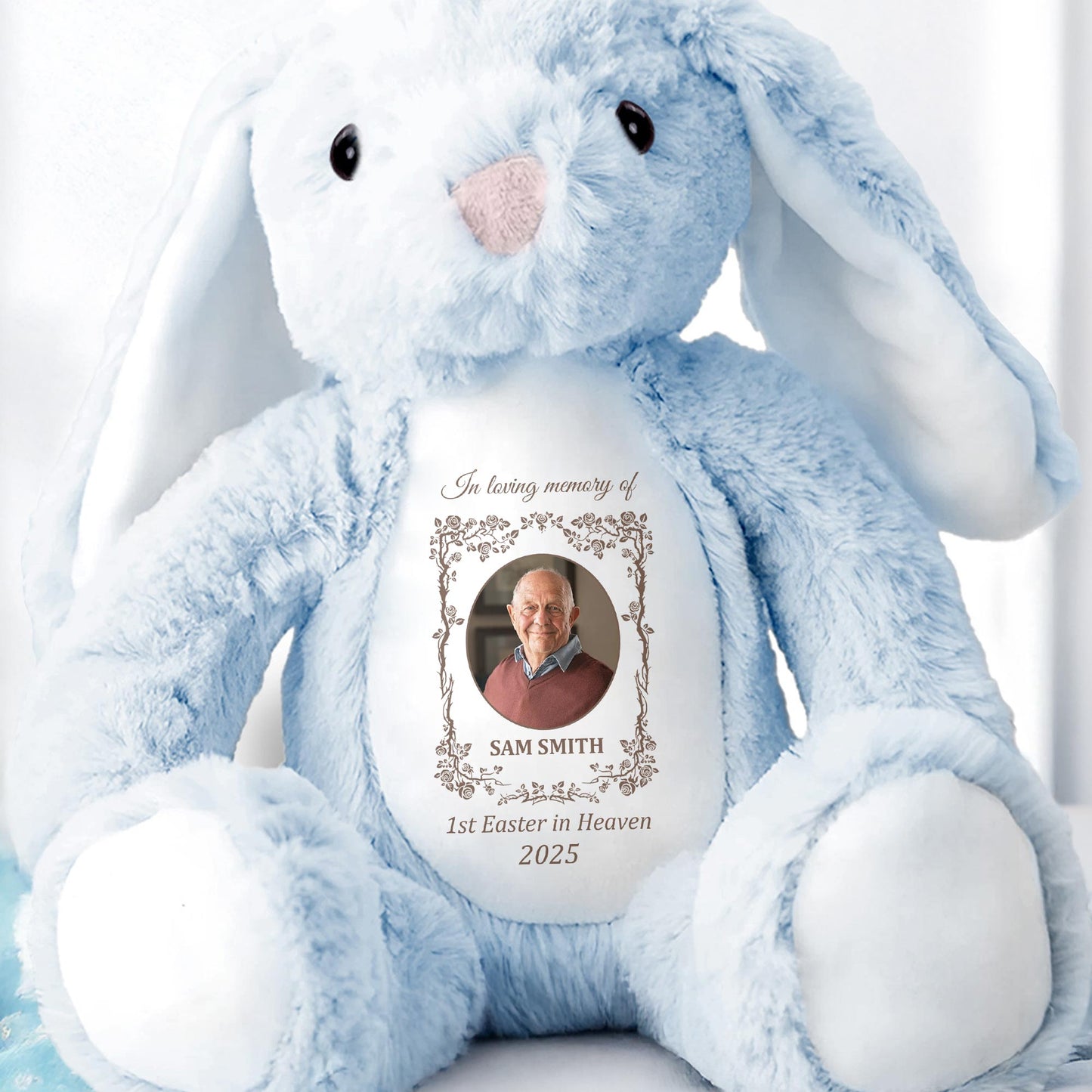 In Loving Memory Of Sam Smith, 1st Easter In Heaven 2025, Stuffed Bunny And Memorial Plaque