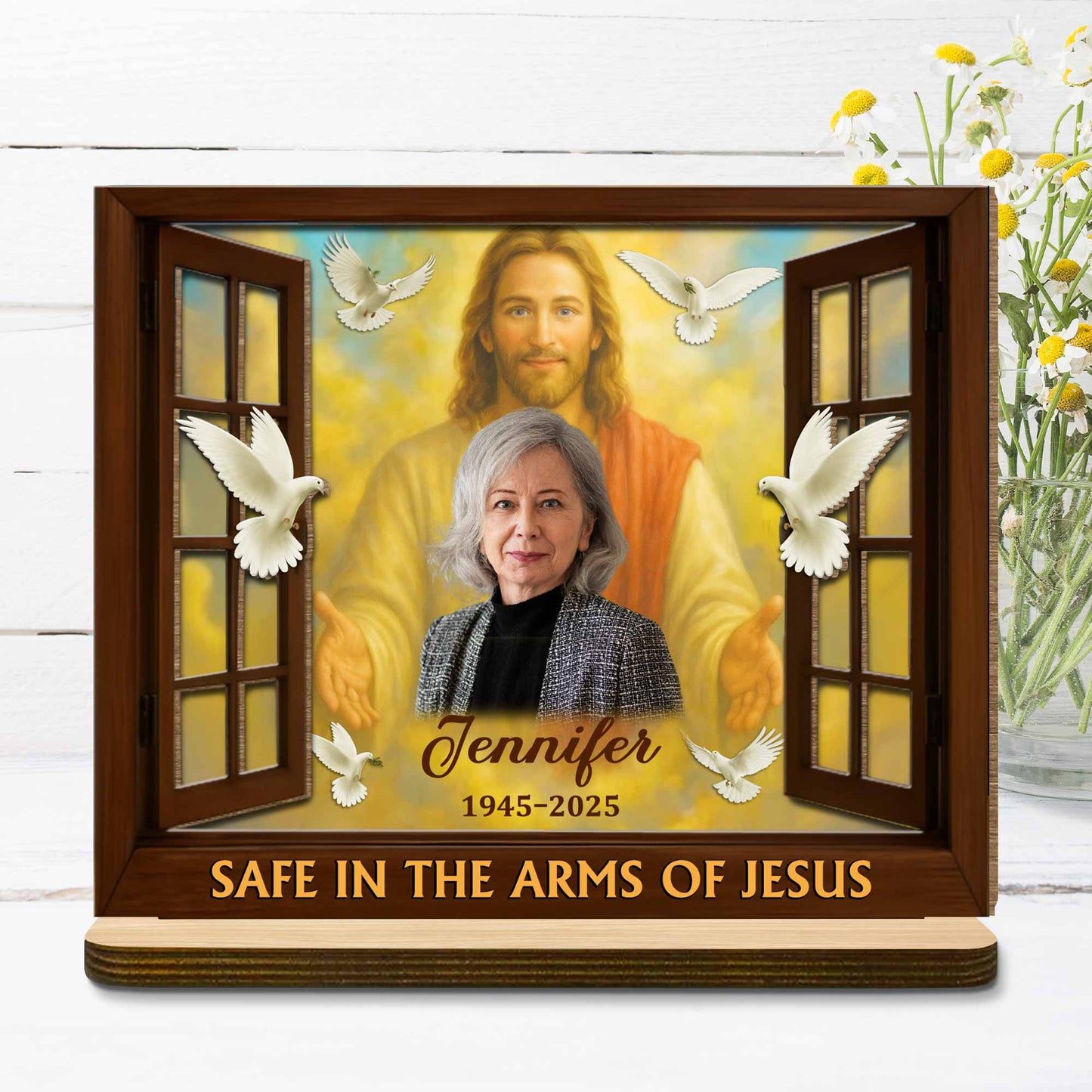 Safe In The Arms Of Jesus With Dove And Religious Figure