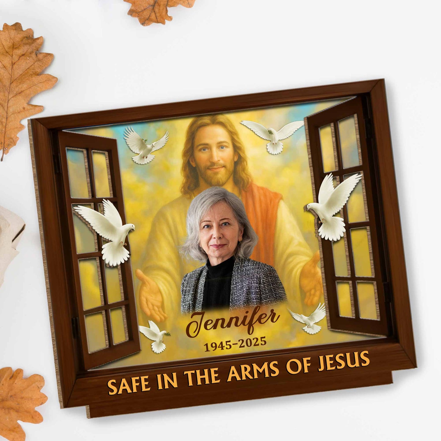 Safe In The Arms Of Jesus With Dove And Religious Figure