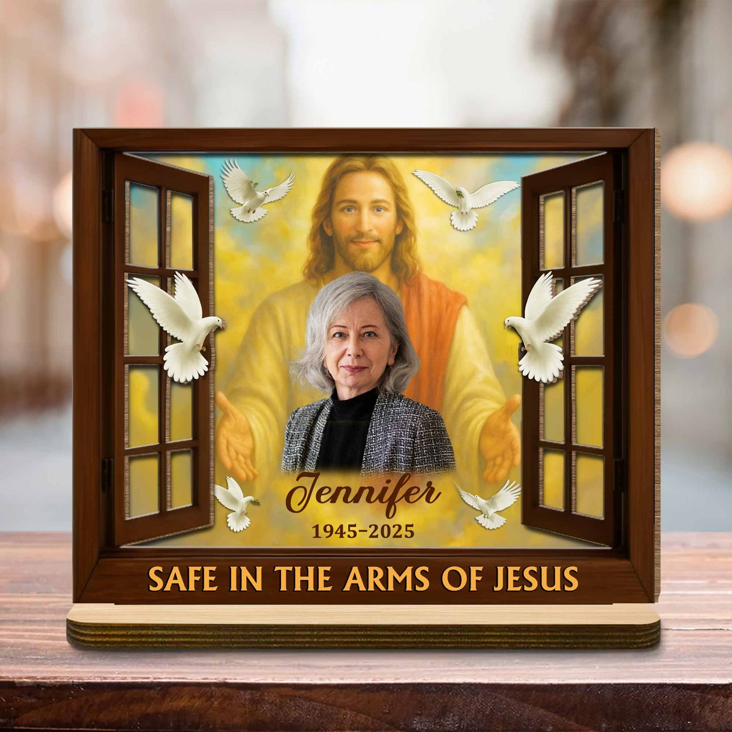 Safe In The Arms Of Jesus With Dove And Religious Figure