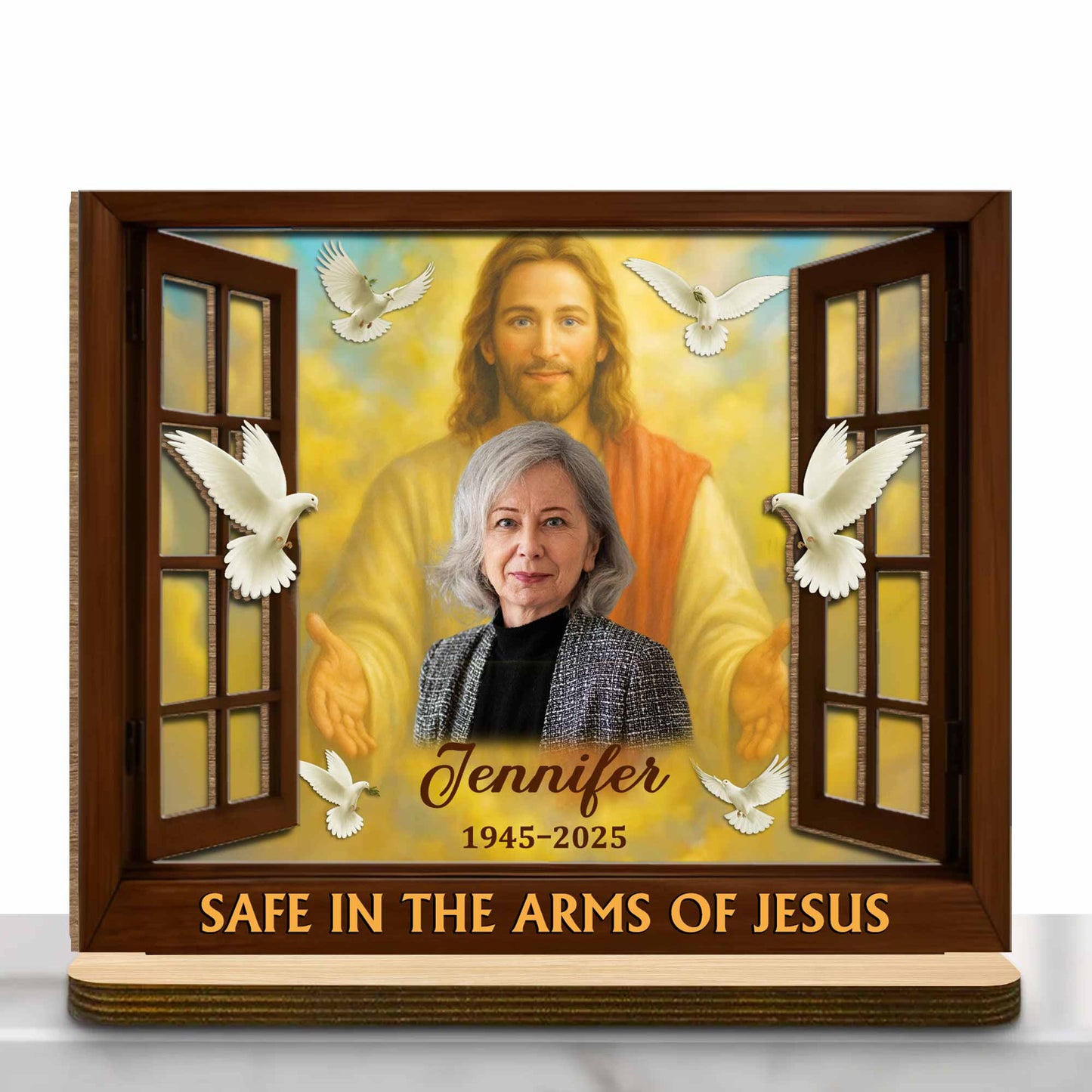 Safe In The Arms Of Jesus With Dove And Religious Figure