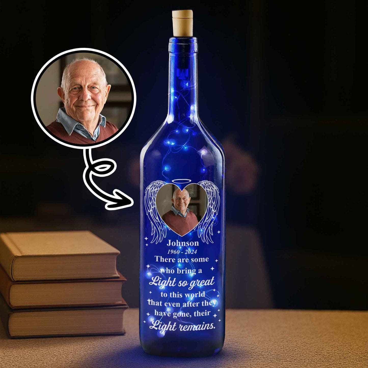 Their Light Remains, Angel Wings And Portrait - Personalized Blue Bottle Lamp - HME231_BBL