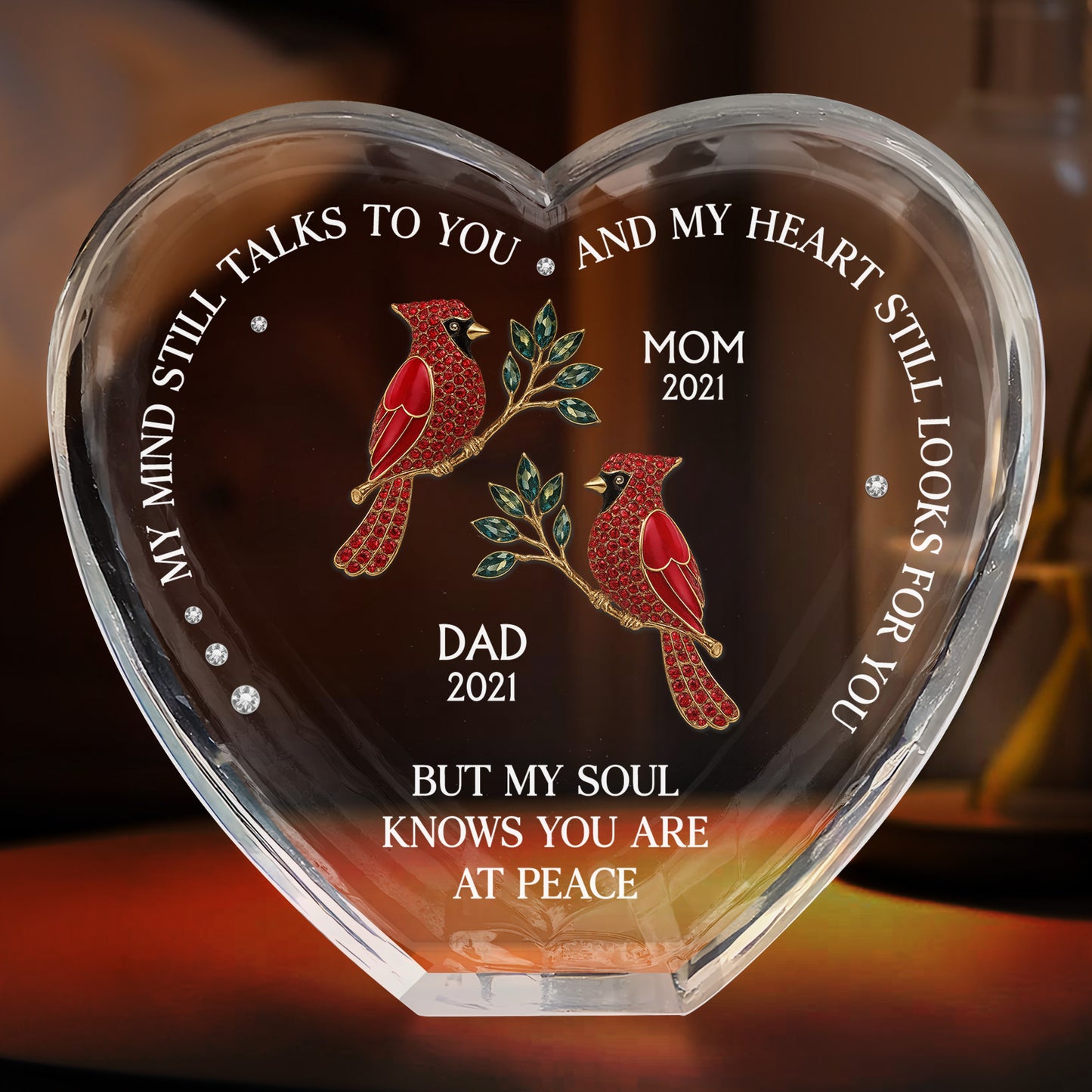 My Mind Still Talks To You, Red Cardinals, Hummingbirds, Butterflies - Personalized Crystal Heart - HME244_CHE