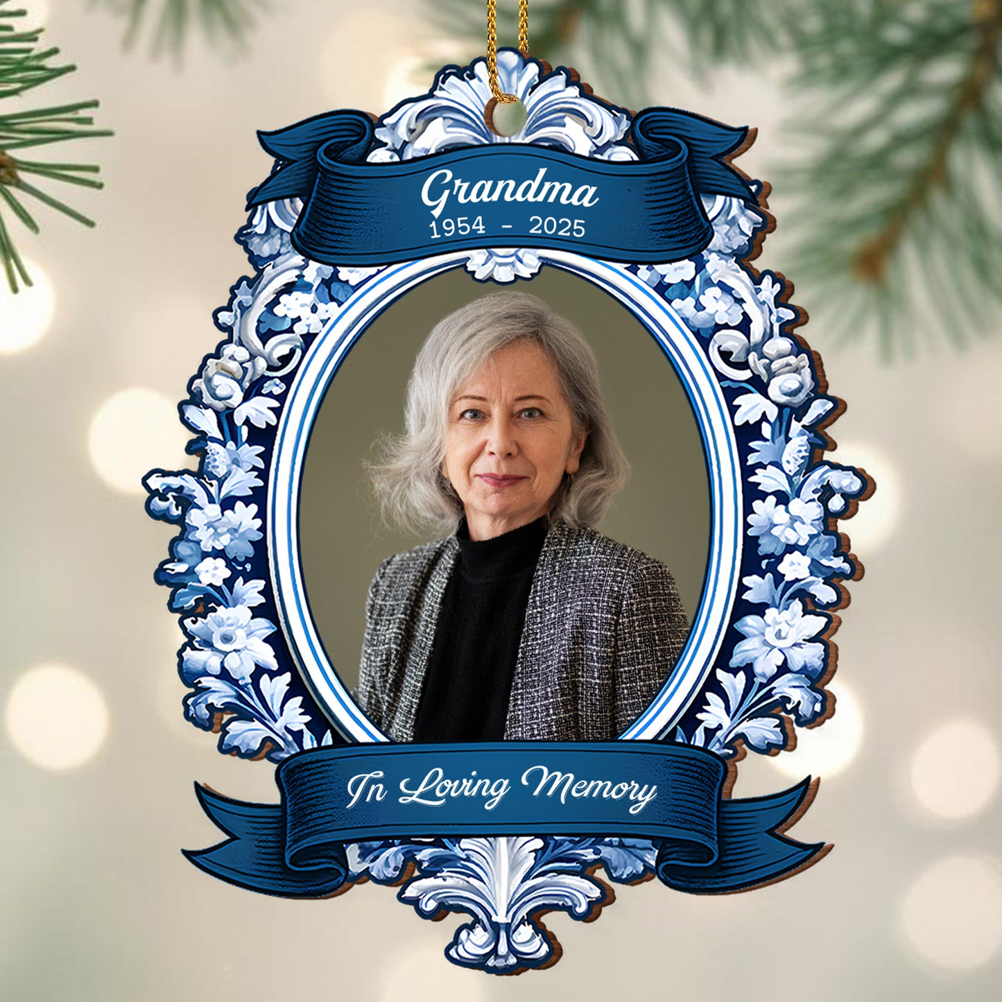 In Loving Memory Floral Ribbon Design - Personalized Custom Wood Ornament, Custom Shaped - HME300_WDO