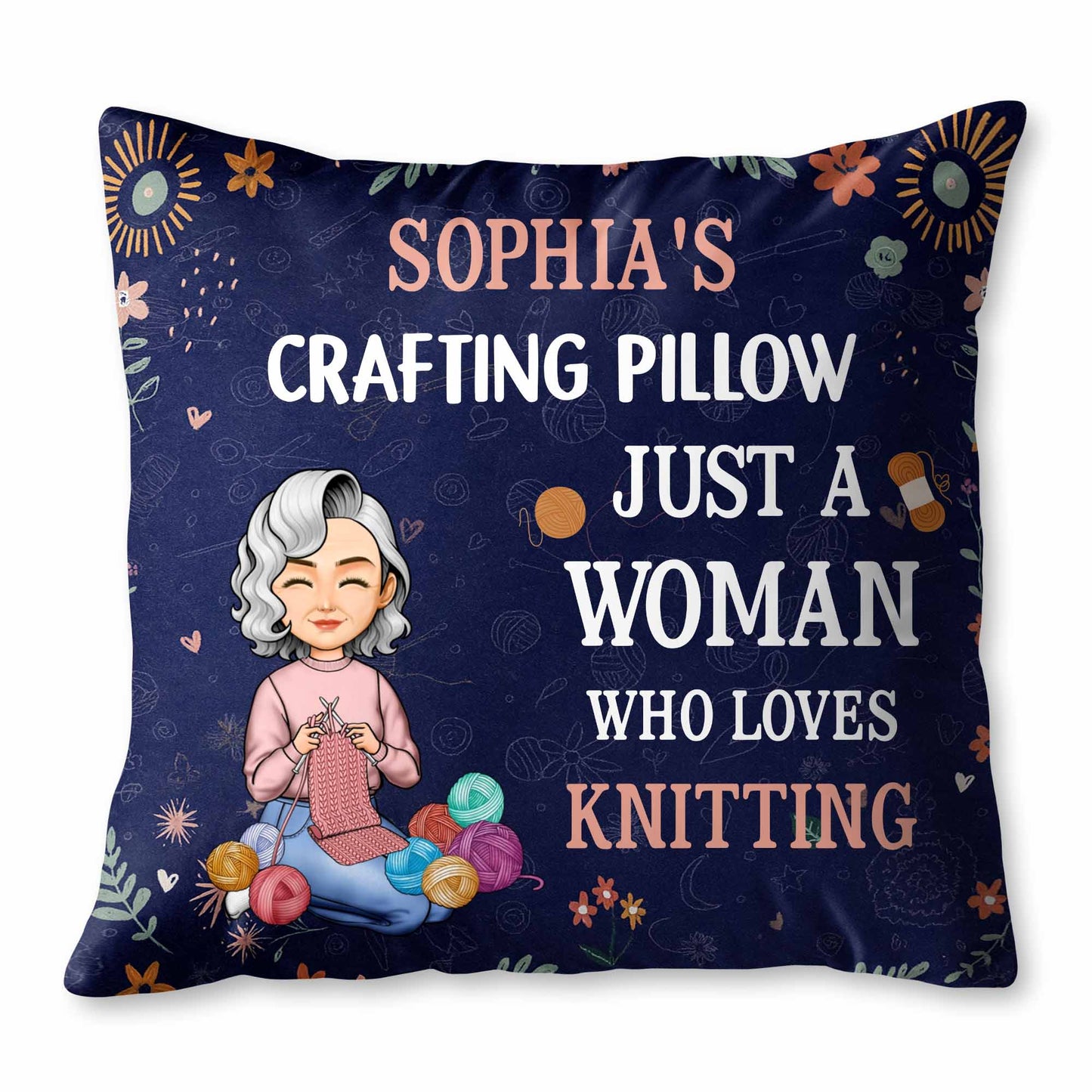 Just A Woman Who Loves Knitting, Yarn Balls And Flowers