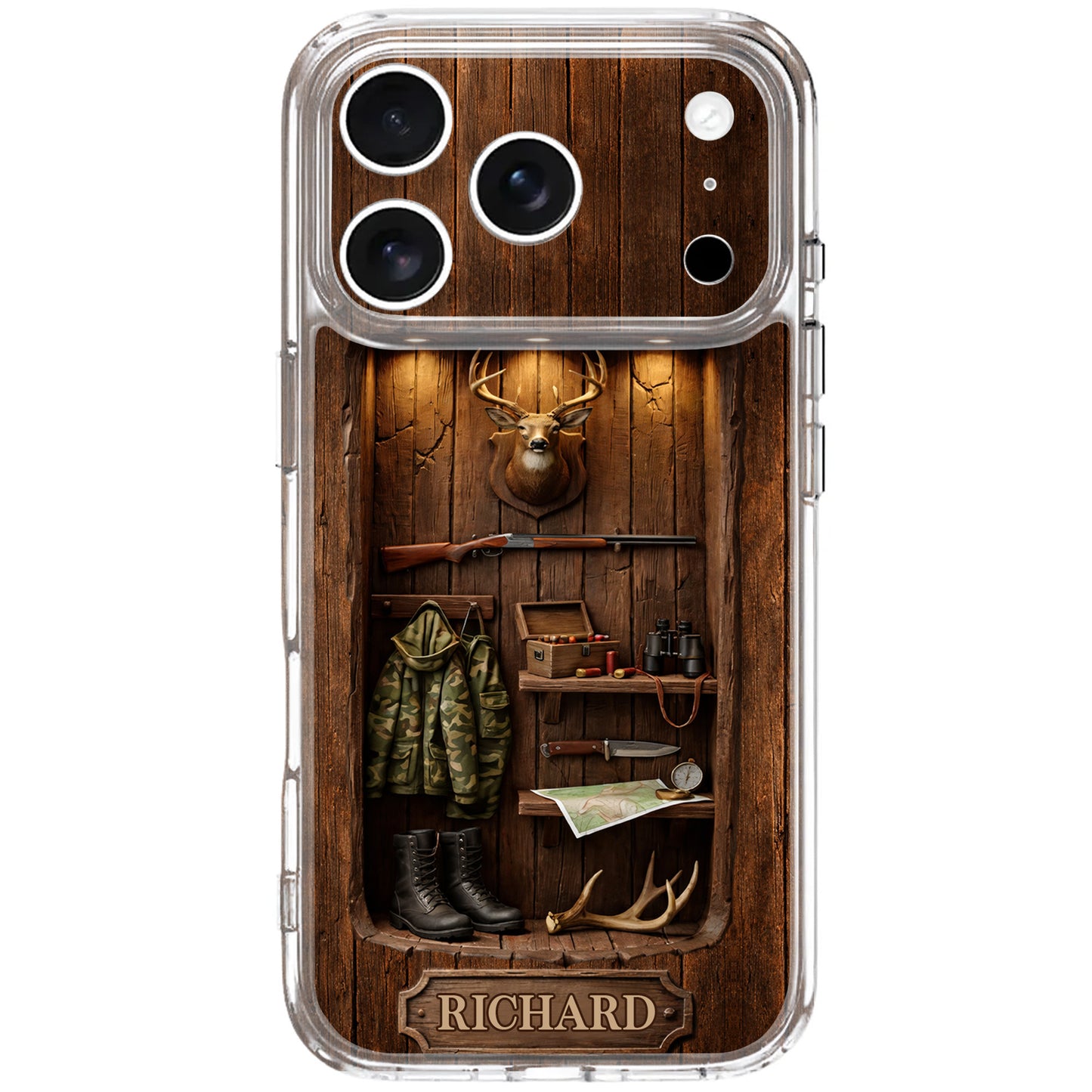 Hunter Sanctuary With Deer Head And Rifle Wood Cabin Style