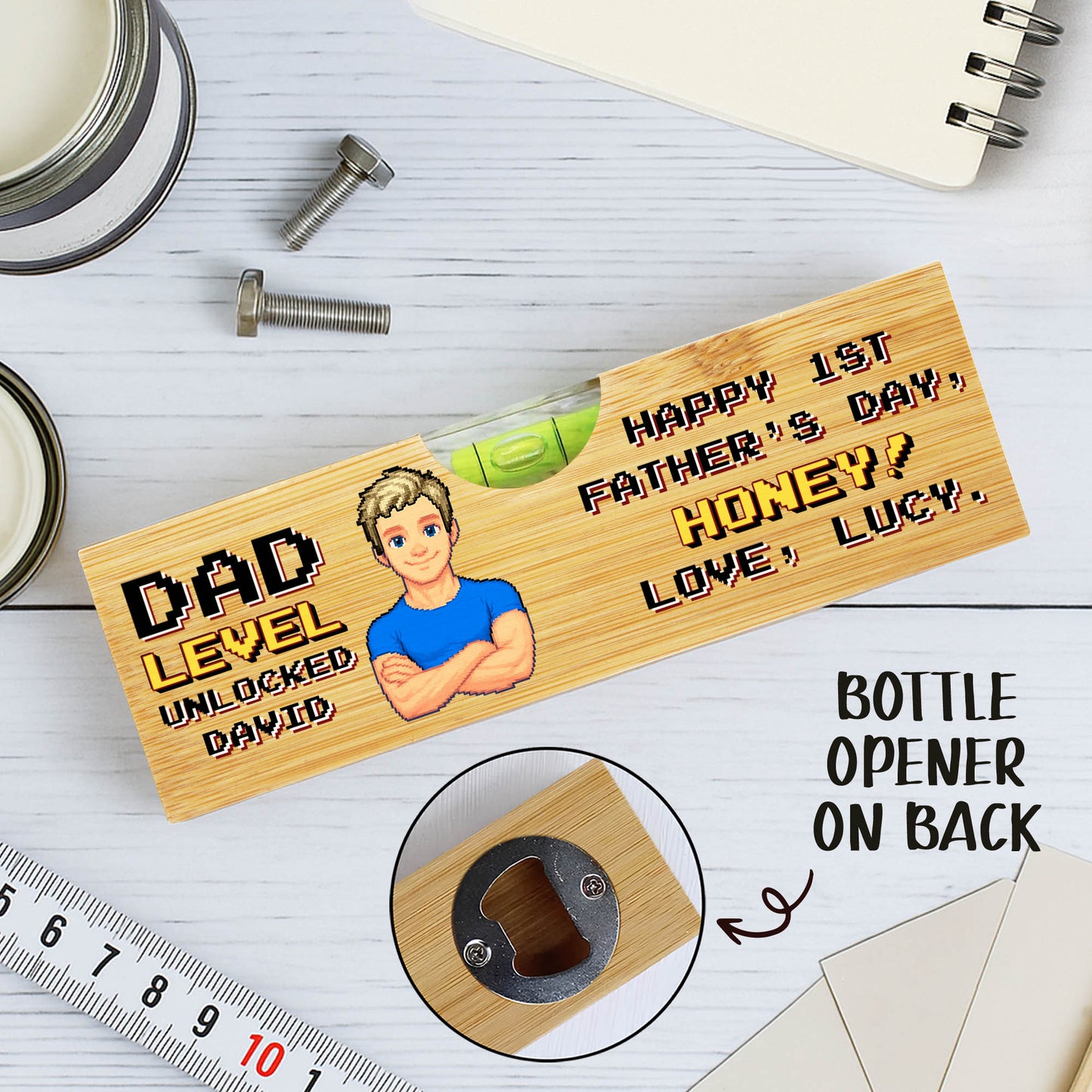 Dad Level Unlocked, Happy 1st Father Day, Spirit Level With Bottle Opener - Personalized Wooden Spirit Level With Bottle Opener - HSB001_PLEV