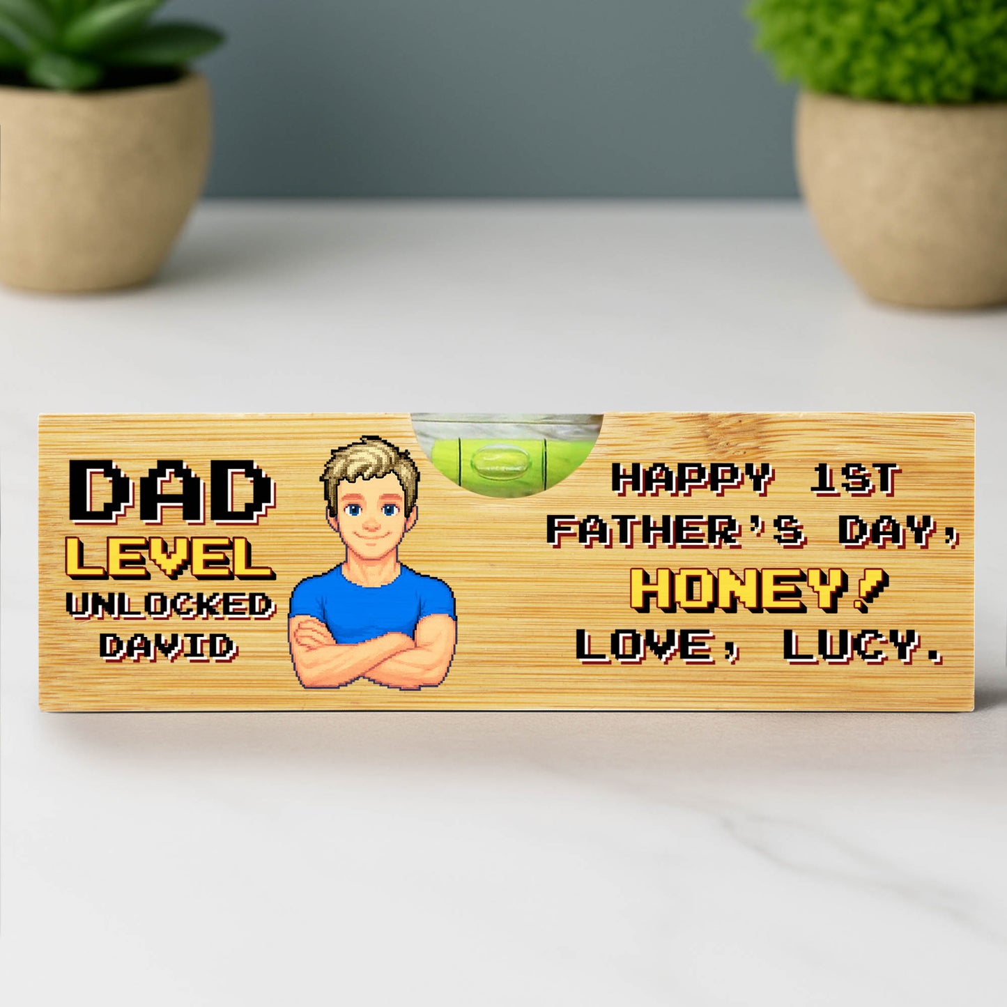 Dad Level Unlocked, Happy 1st Father Day, Spirit Level With Bottle Opener - Personalized Wooden Spirit Level With Bottle Opener - HSB001_PLEV