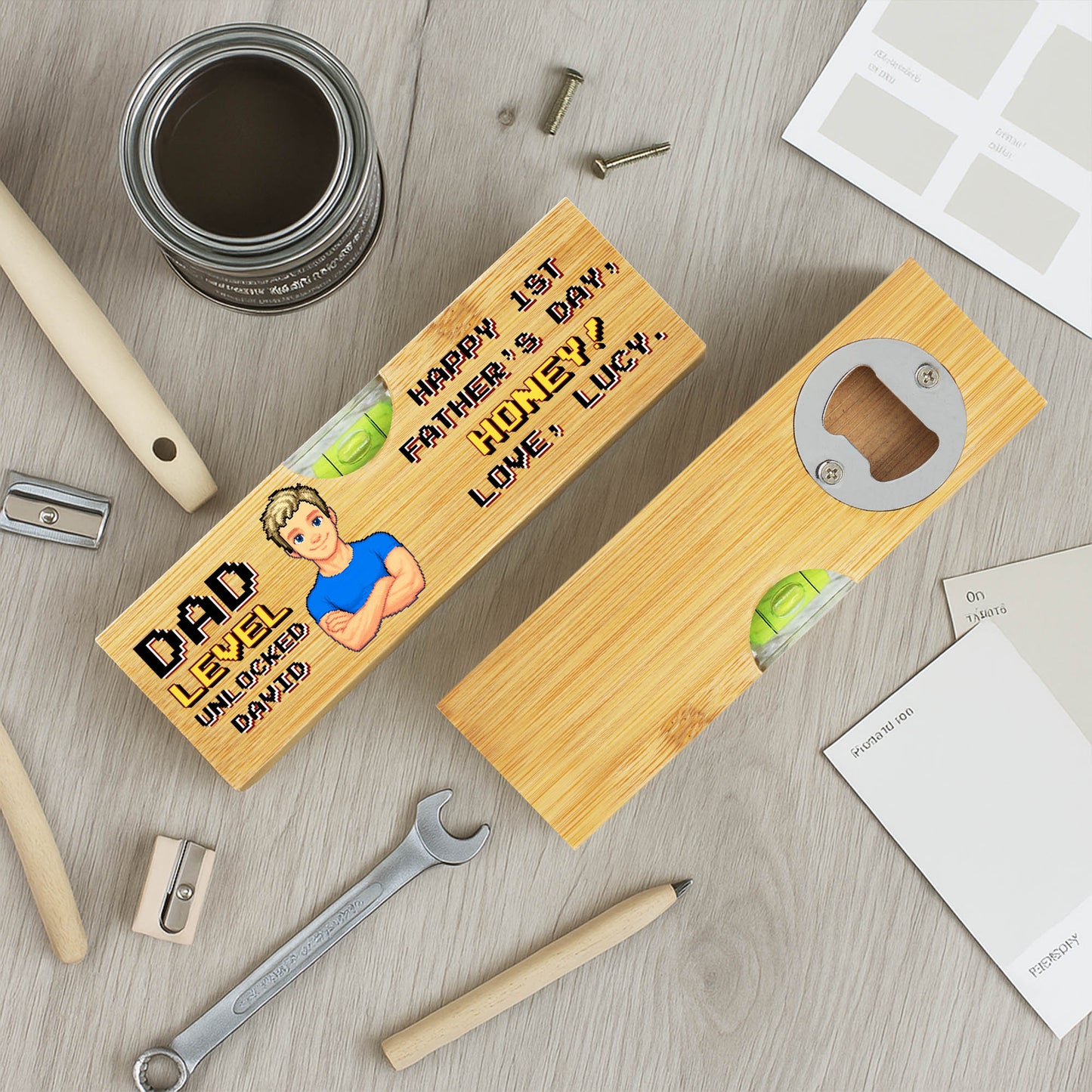 Dad Level Unlocked, Happy 1st Father Day, Spirit Level With Bottle Opener - Personalized Wooden Spirit Level With Bottle Opener - HSB001_PLEV