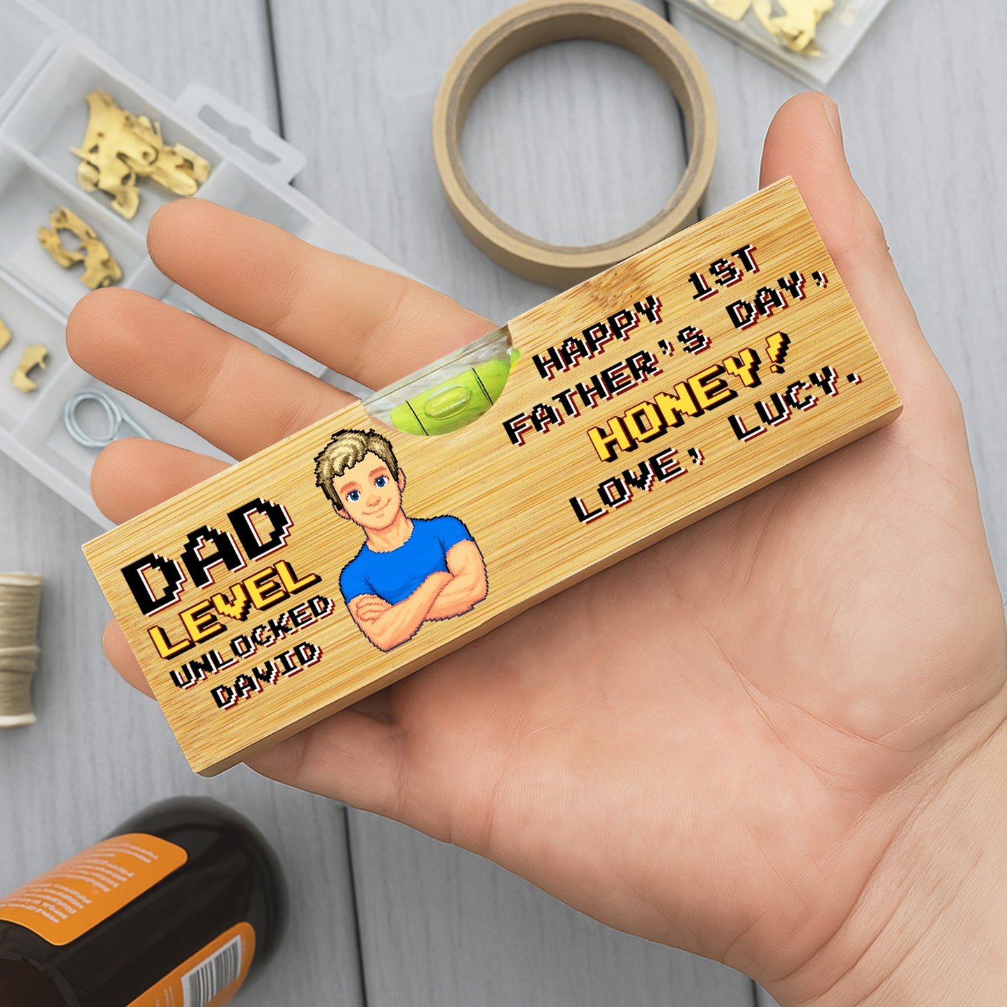 Dad Level Unlocked, Happy 1st Father Day, Spirit Level With Bottle Opener - Personalized Wooden Spirit Level With Bottle Opener - HSB001_PLEV