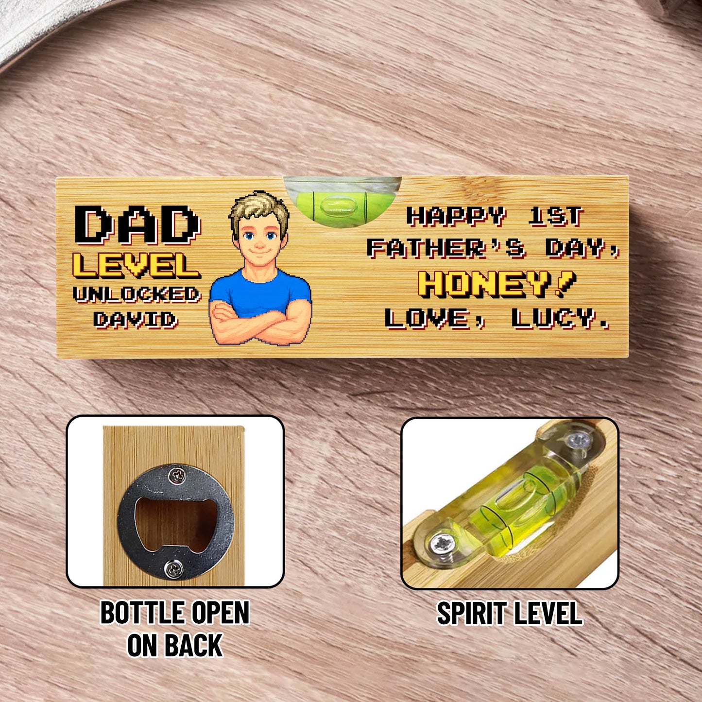 Dad Level Unlocked, Happy 1st Father Day, Spirit Level With Bottle Opener - Personalized Wooden Spirit Level With Bottle Opener - HSB001_PLEV