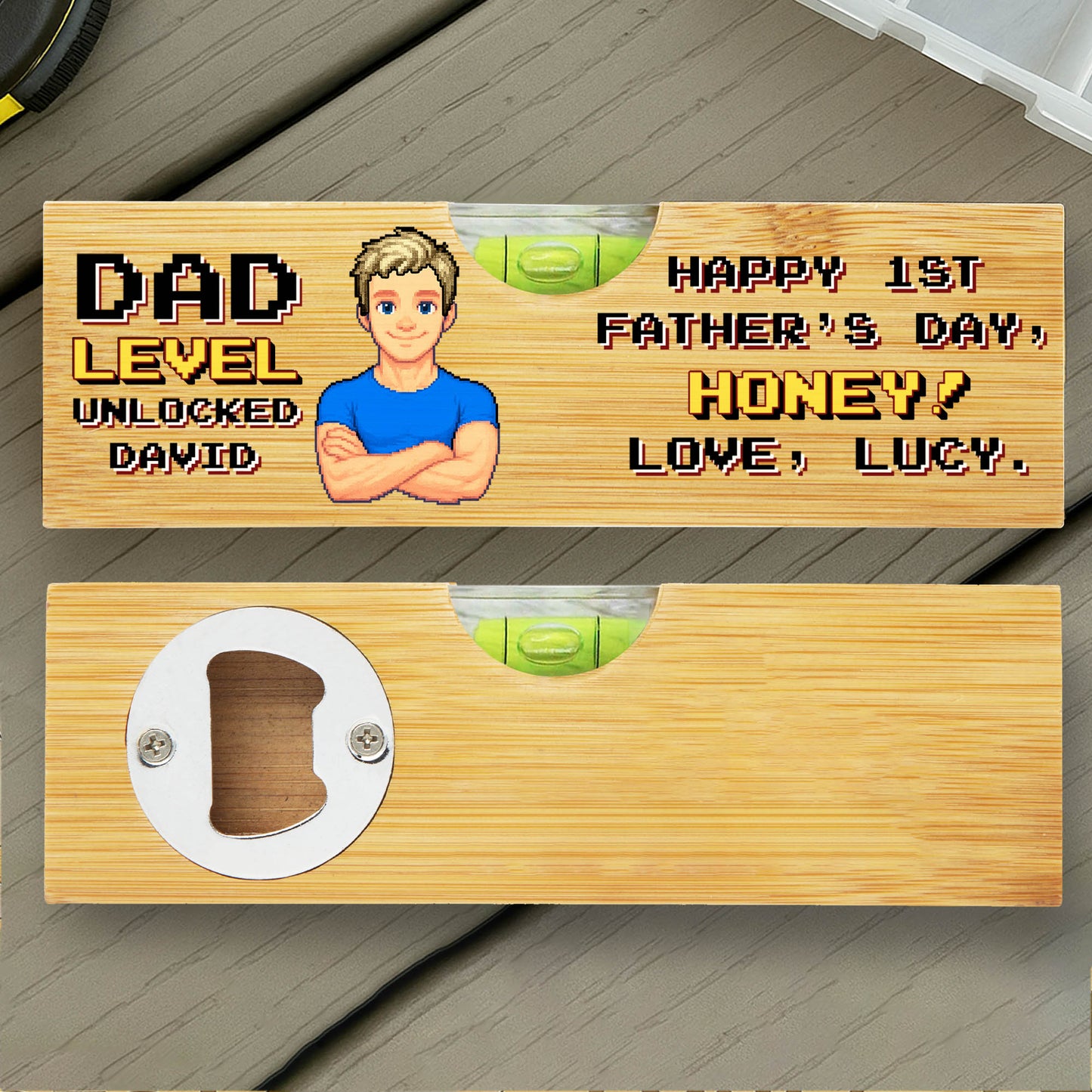 Dad Level Unlocked, Happy 1st Father Day, Spirit Level With Bottle Opener - Personalized Wooden Spirit Level With Bottle Opener - HSB001_PLEV