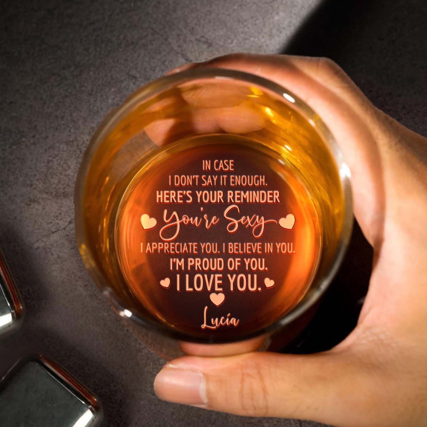 Romantic Reminder Engraved Whiskey Glass With Hearts