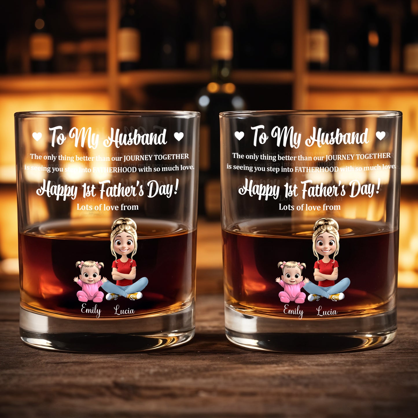 To My Husband, Happy 1st Father's Day, Cartoon Characters And Heart - Personalized Custom Whiskey Glass - HSB028_RWG