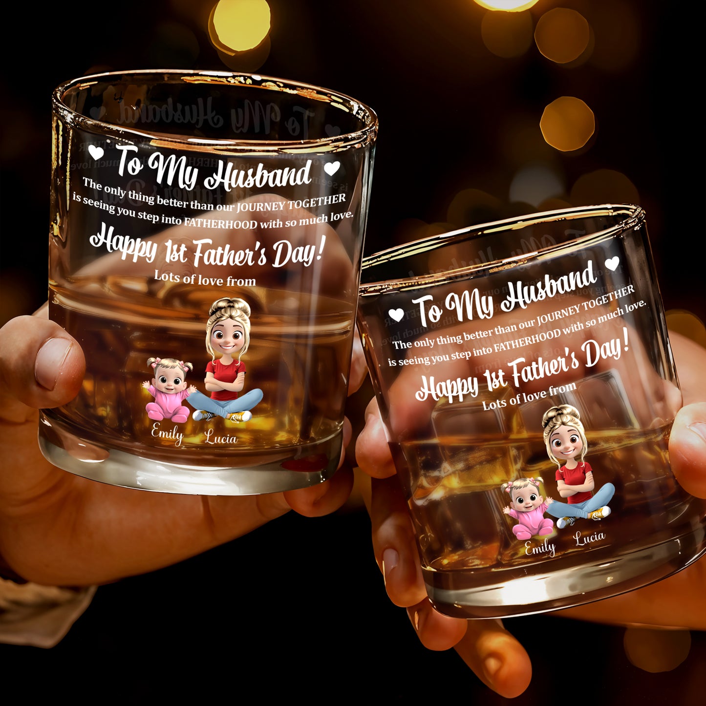 To My Husband, Happy 1st Father's Day, Cartoon Characters And Heart - Personalized Custom Whiskey Glass - HSB028_RWG