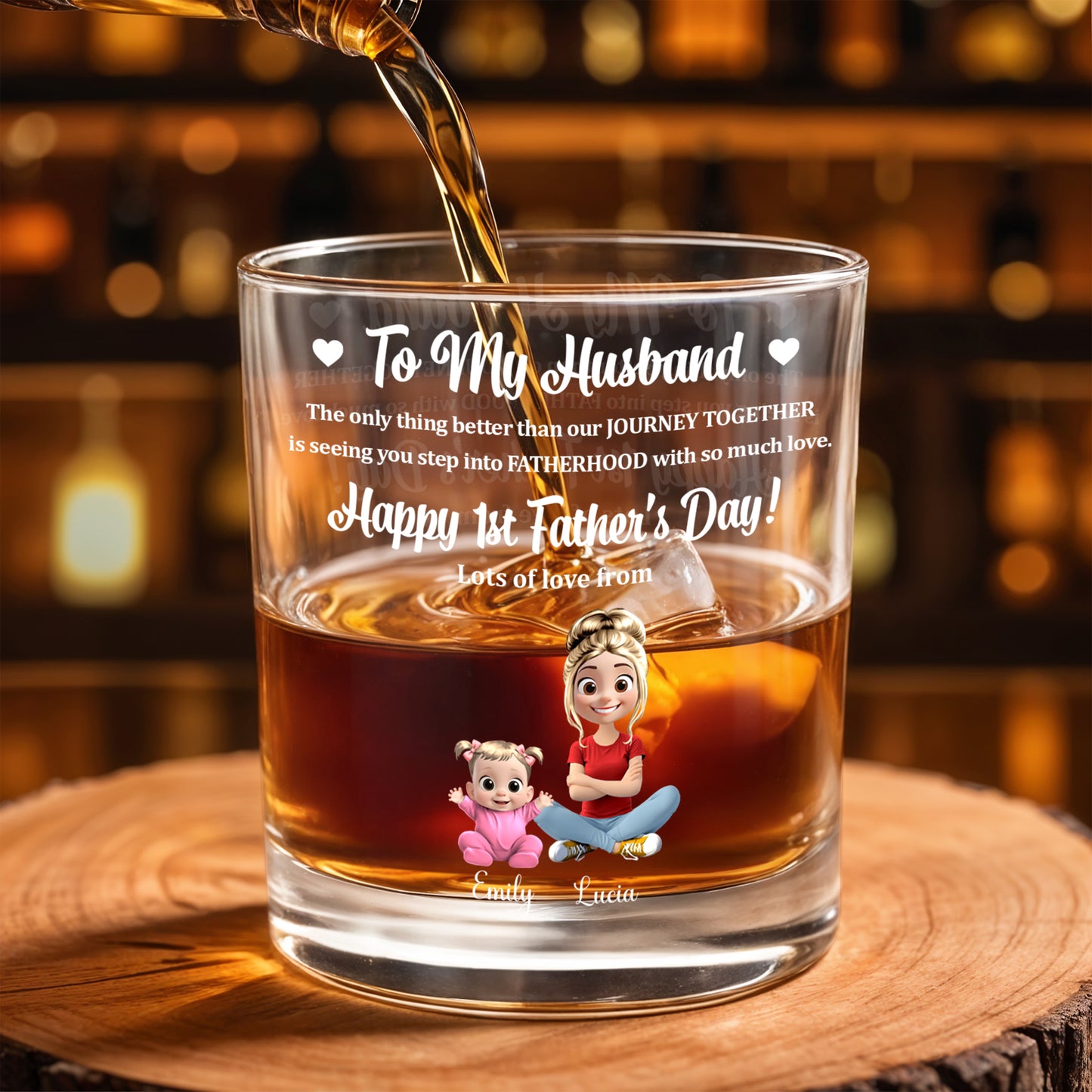 To My Husband, Happy 1st Father's Day, Cartoon Characters And Heart - Personalized Custom Whiskey Glass - HSB028_RWG