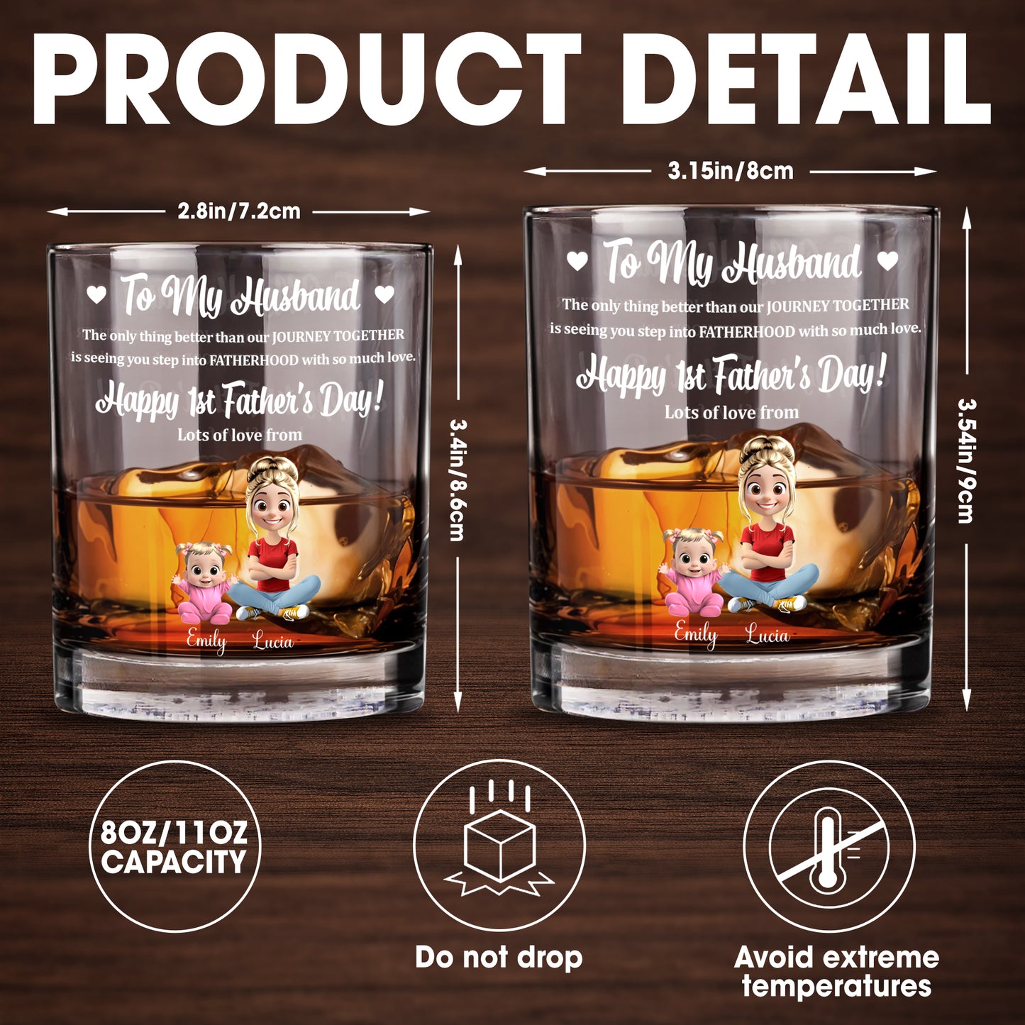 To My Husband, Happy 1st Father's Day, Cartoon Characters And Heart - Personalized Custom Whiskey Glass - HSB028_RWG