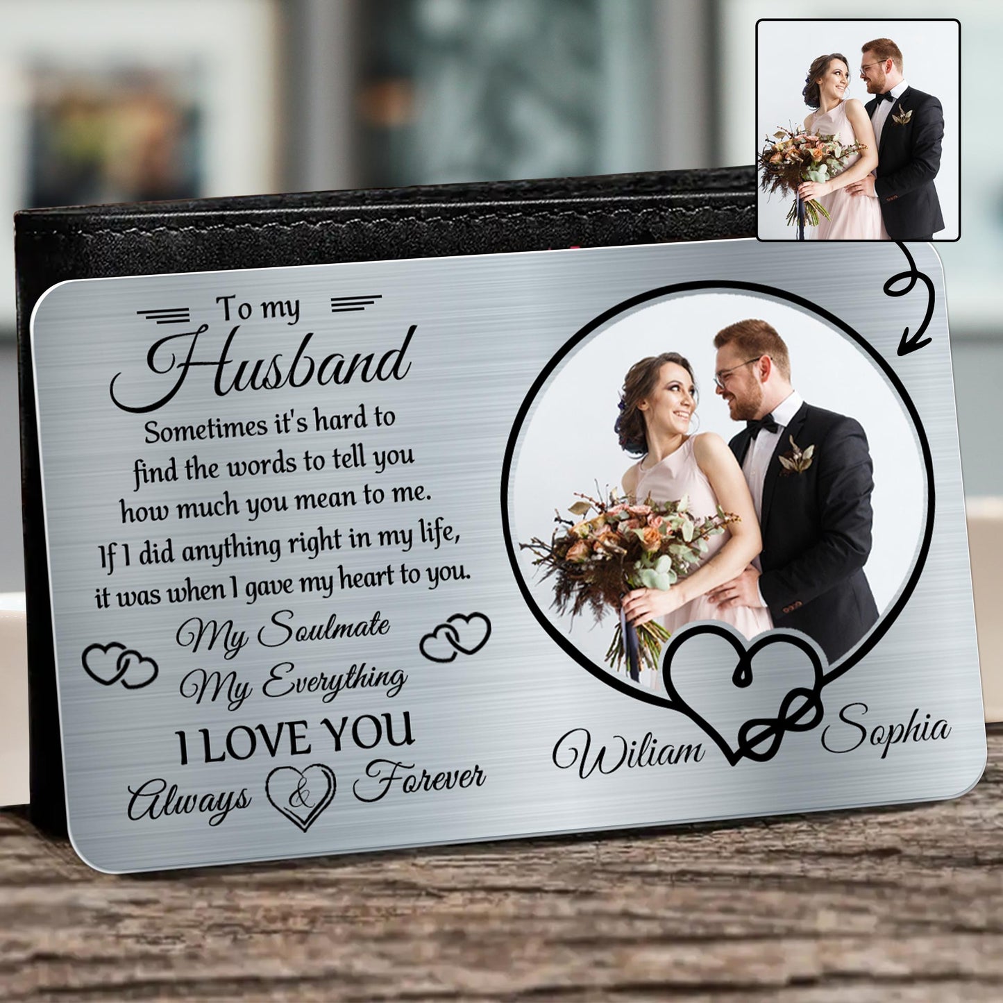 À mon mari, parfois il est difficile de trouver des mots, des cœurs et une photo de mariage - Carte portefeuille en aluminium personnalisée - HSB029_ALCA