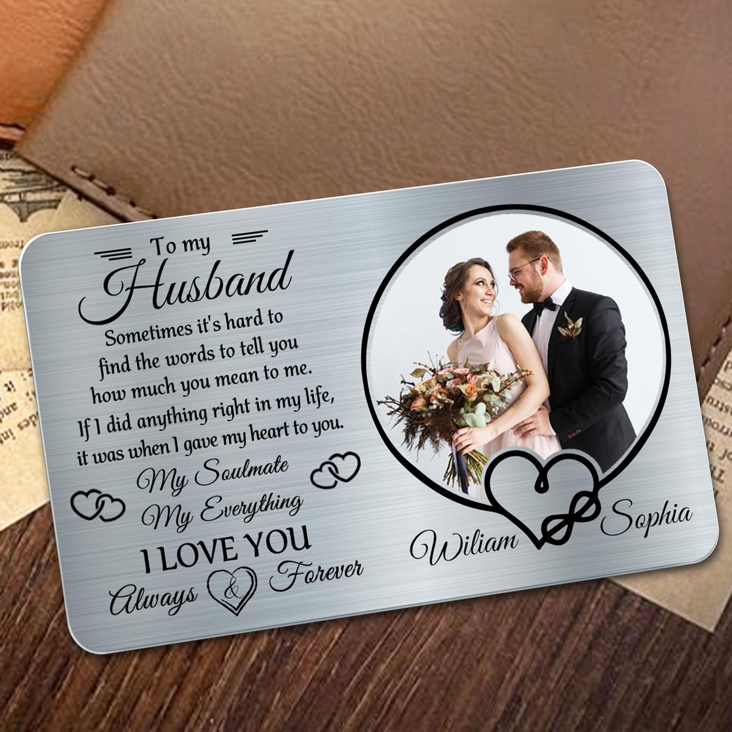 À mon mari, parfois il est difficile de trouver des mots, des cœurs et une photo de mariage - Carte portefeuille en aluminium personnalisée - HSB029_ALCA