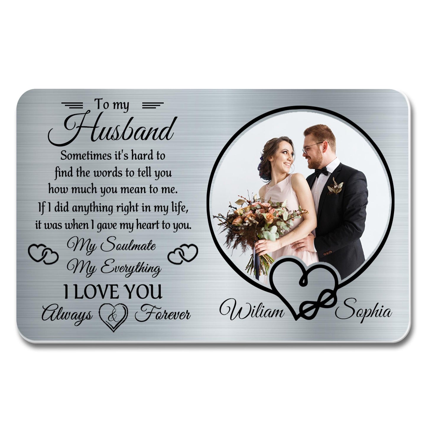 À mon mari, parfois il est difficile de trouver des mots, des cœurs et une photo de mariage - Carte portefeuille en aluminium personnalisée - HSB029_ALCA