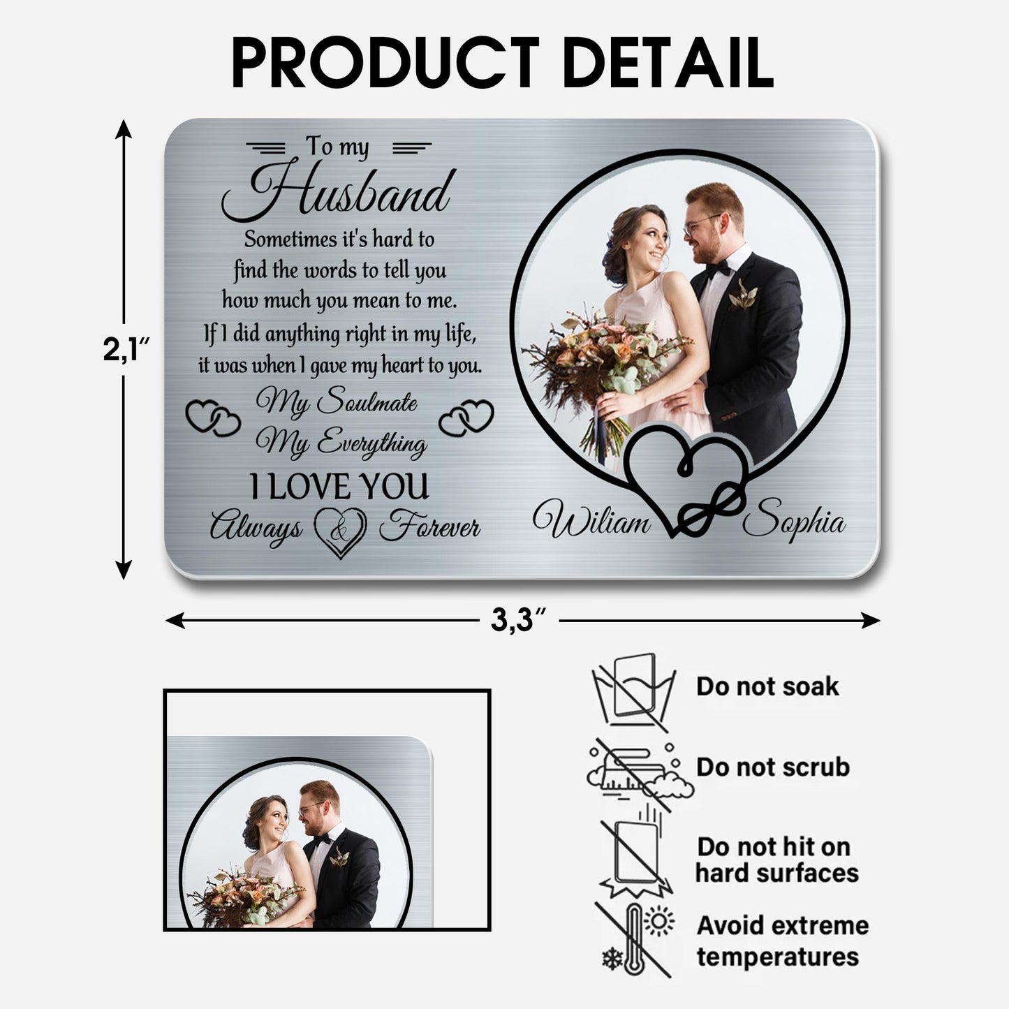 À mon mari, parfois il est difficile de trouver des mots, des cœurs et une photo de mariage - Carte portefeuille en aluminium personnalisée - HSB029_ALCA