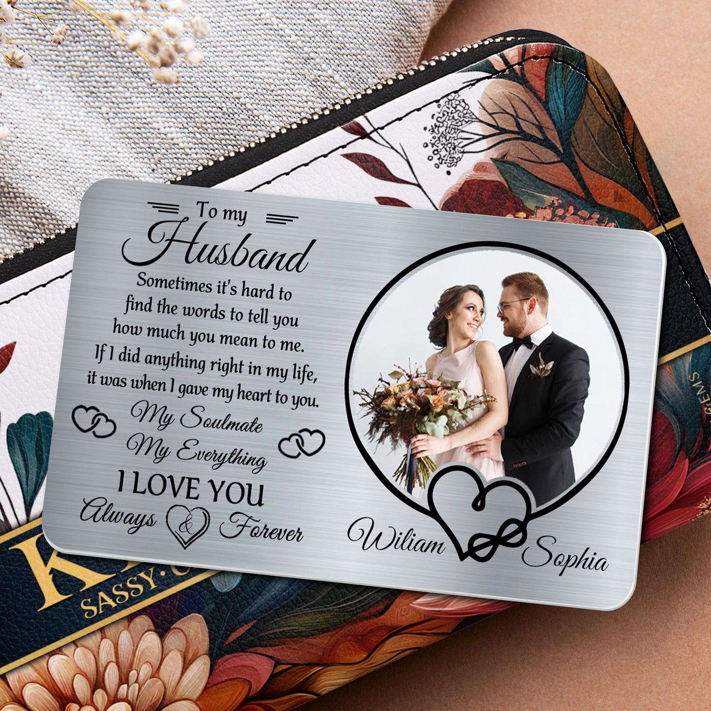 À mon mari, parfois il est difficile de trouver des mots, des cœurs et une photo de mariage - Carte portefeuille en aluminium personnalisée - HSB029_ALCA