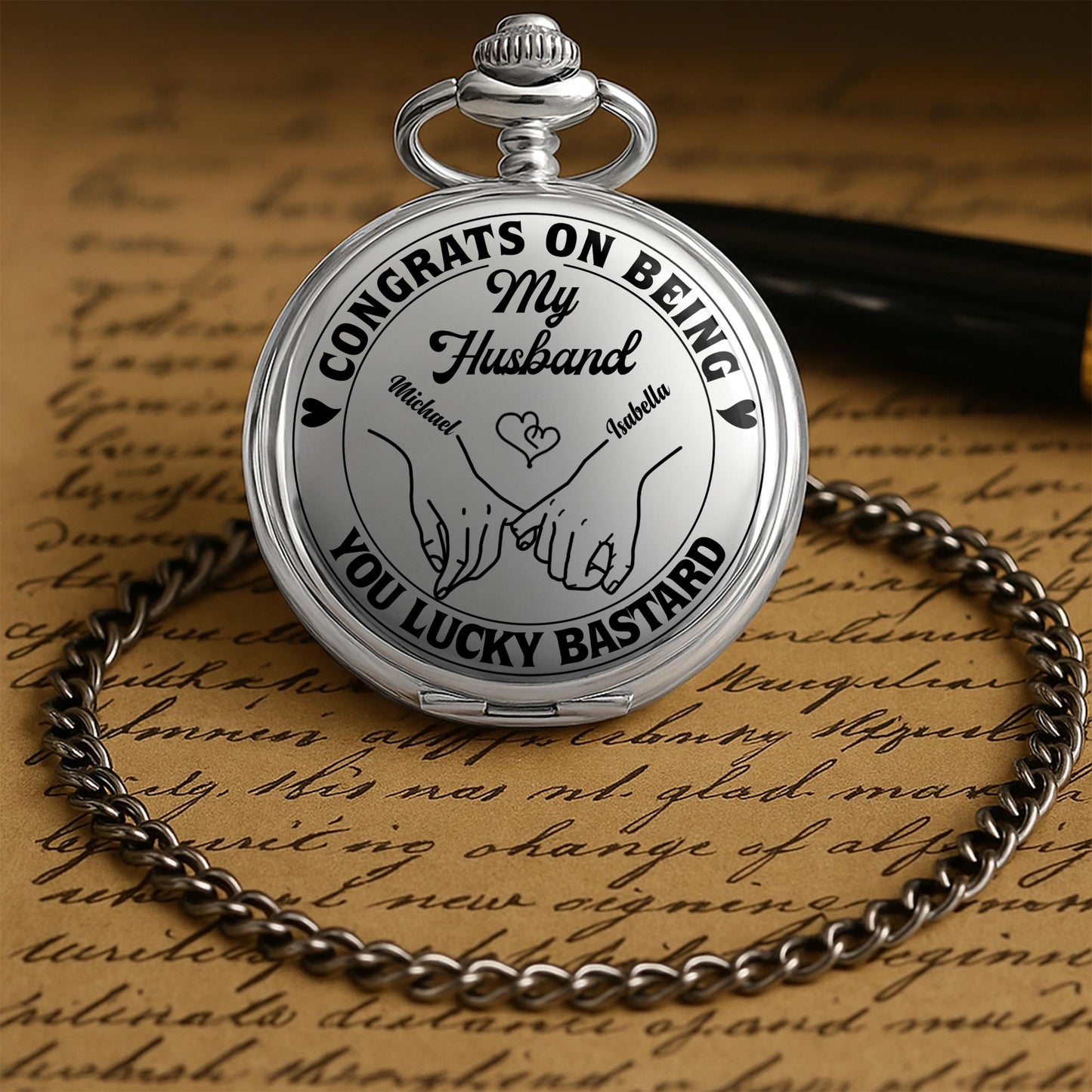 Congrats On Being My Husband, You Lucky Bastard - Personalized Silver Plated Pocket Watch - HSB040_SWATCH