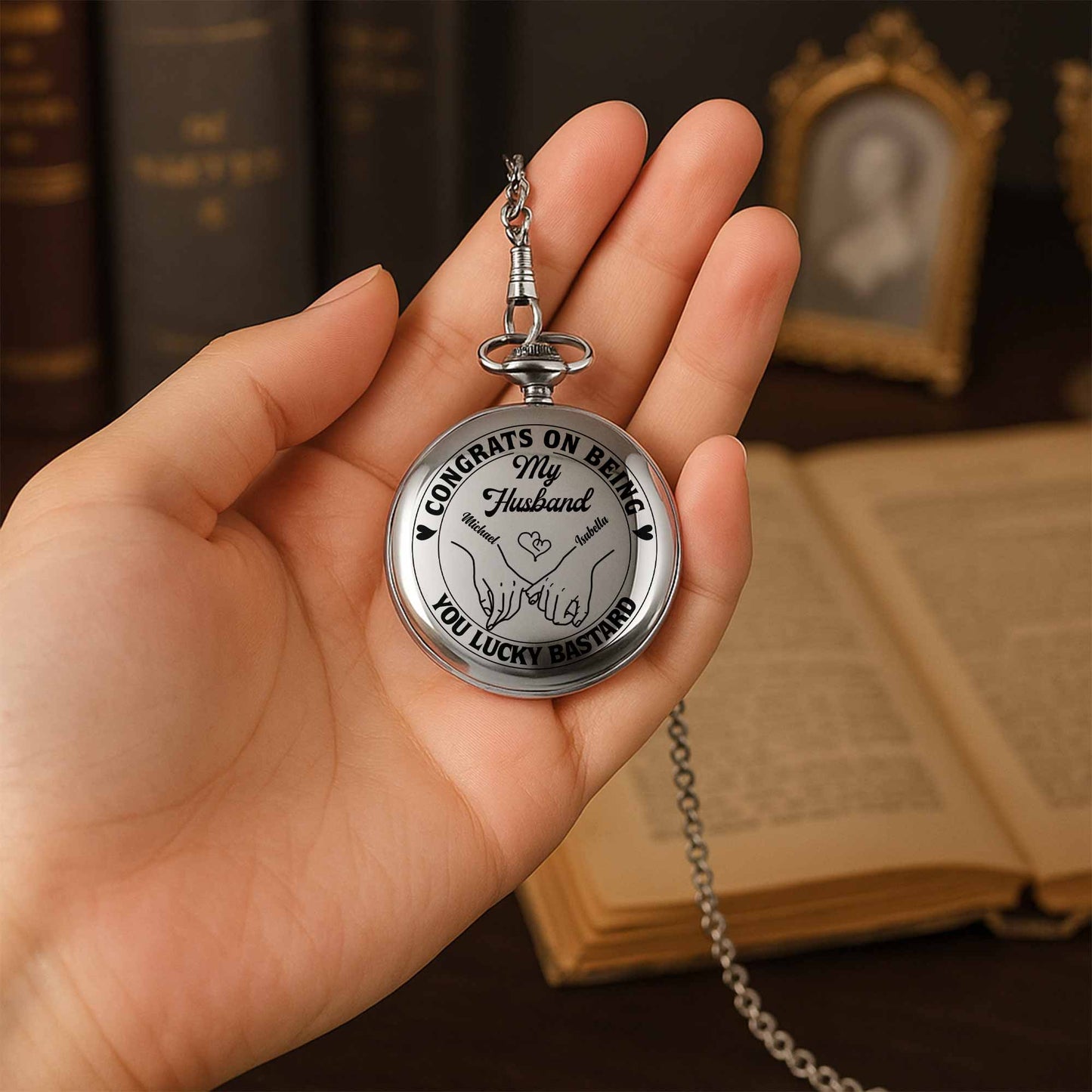 Congrats On Being My Husband, You Lucky Bastard - Personalized Silver Plated Pocket Watch - HSB040_SWATCH