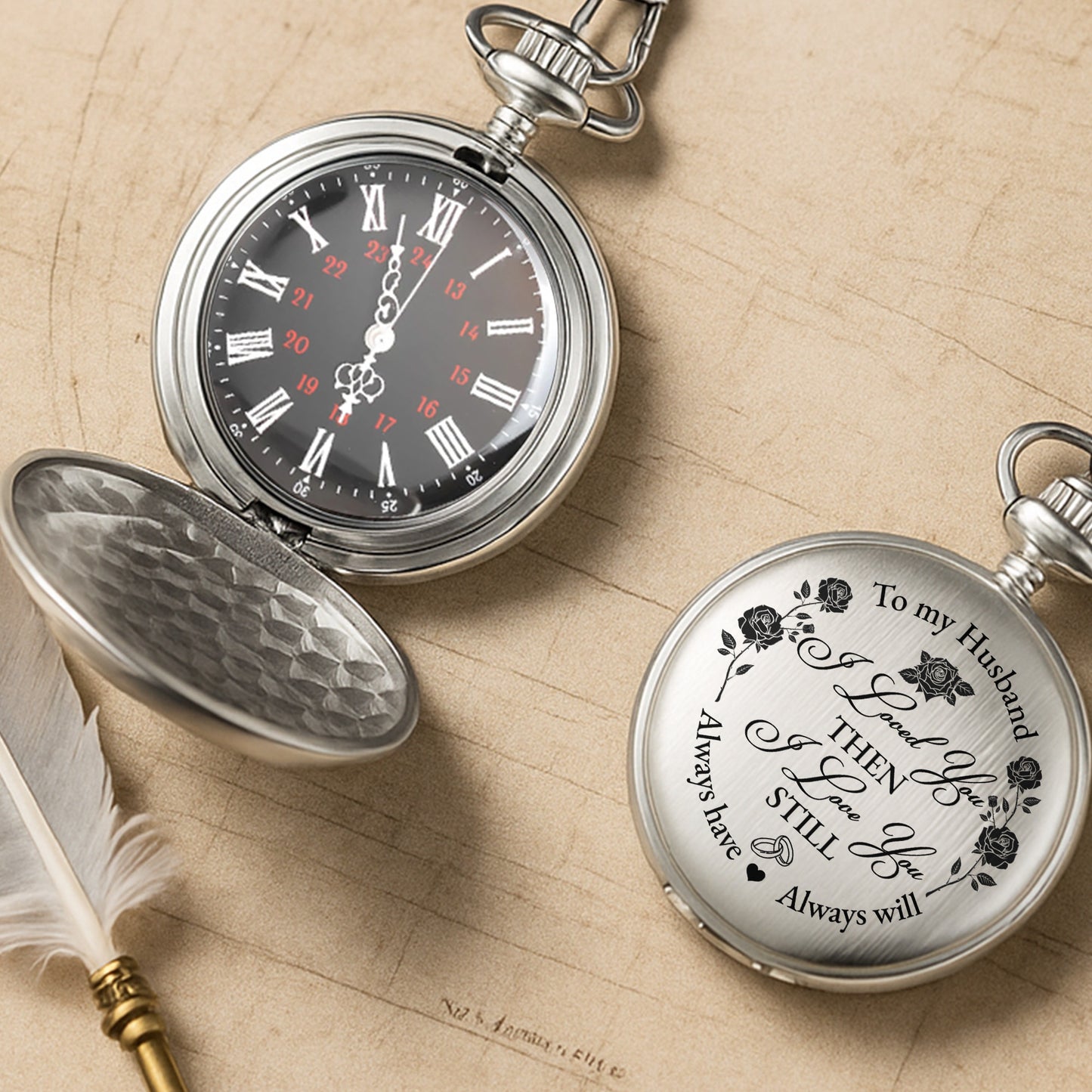 À mon mari, je t'aimais alors, roses et cœurs - Montre de poche plaquée argent personnalisée - HSB045_SWATCH